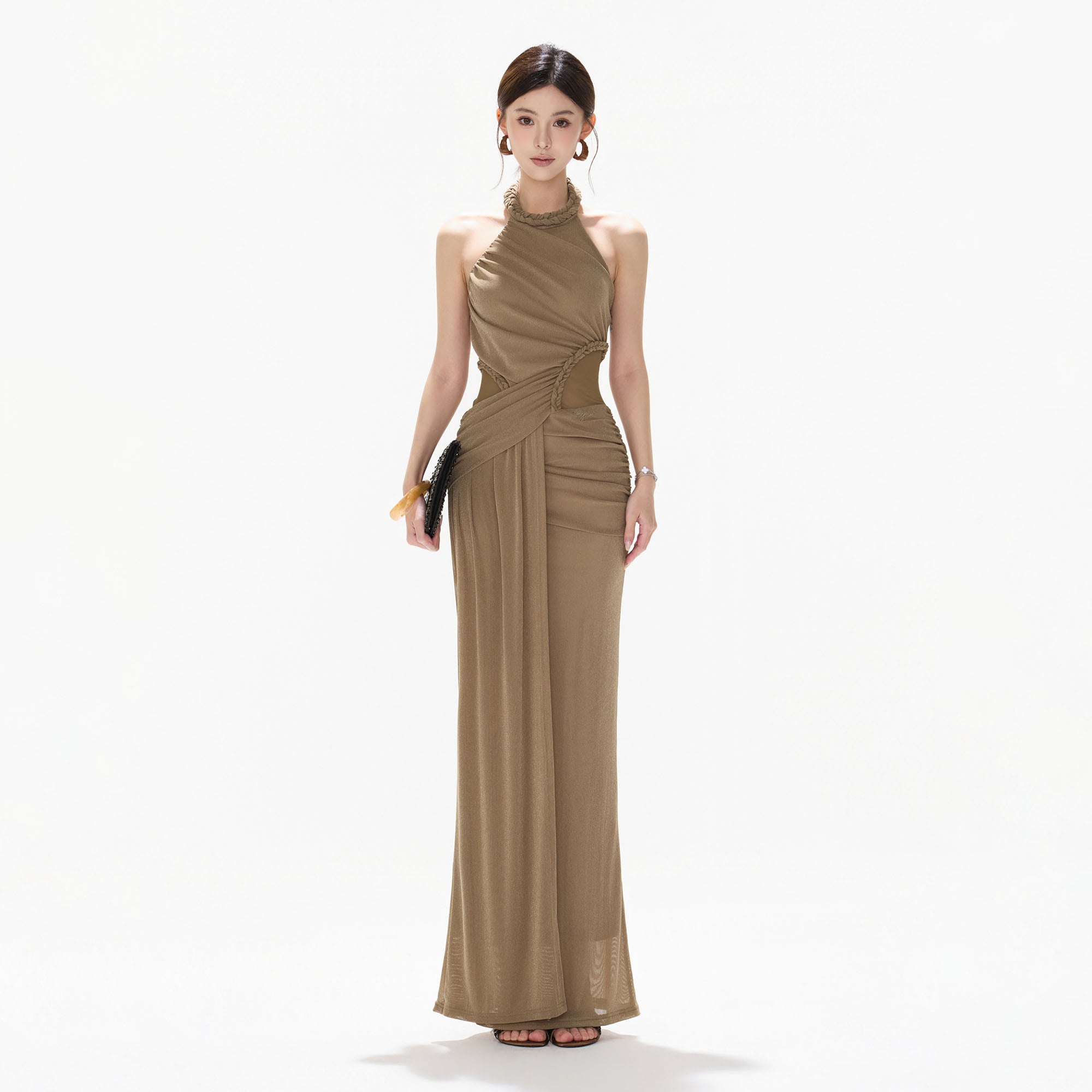 CYNR Ruched Halter Drape Maxi Dress