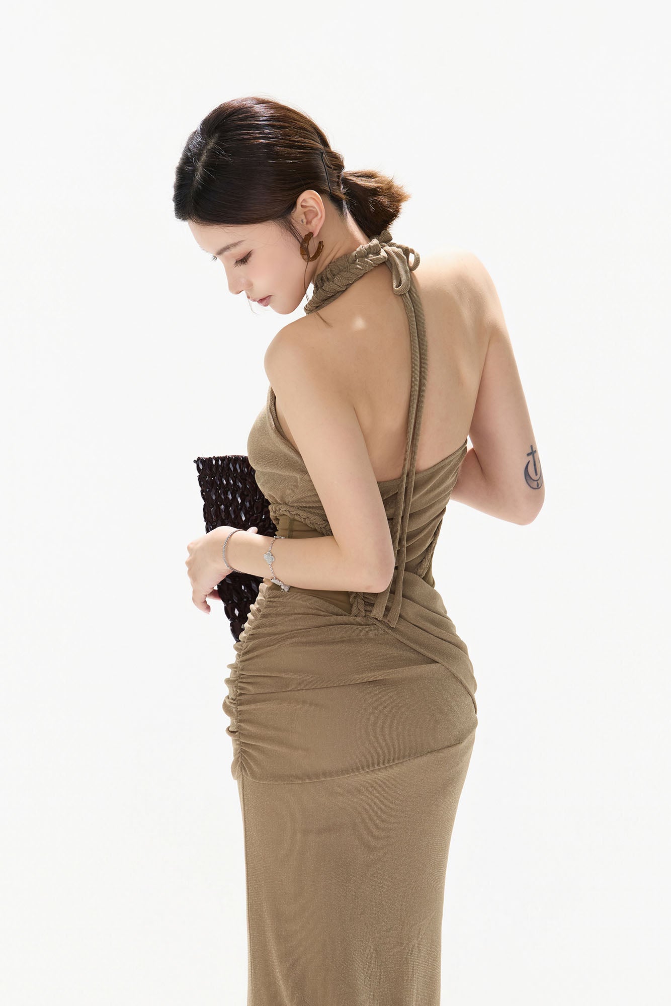 CYNR Ruched Halter Drape Maxi Dress
