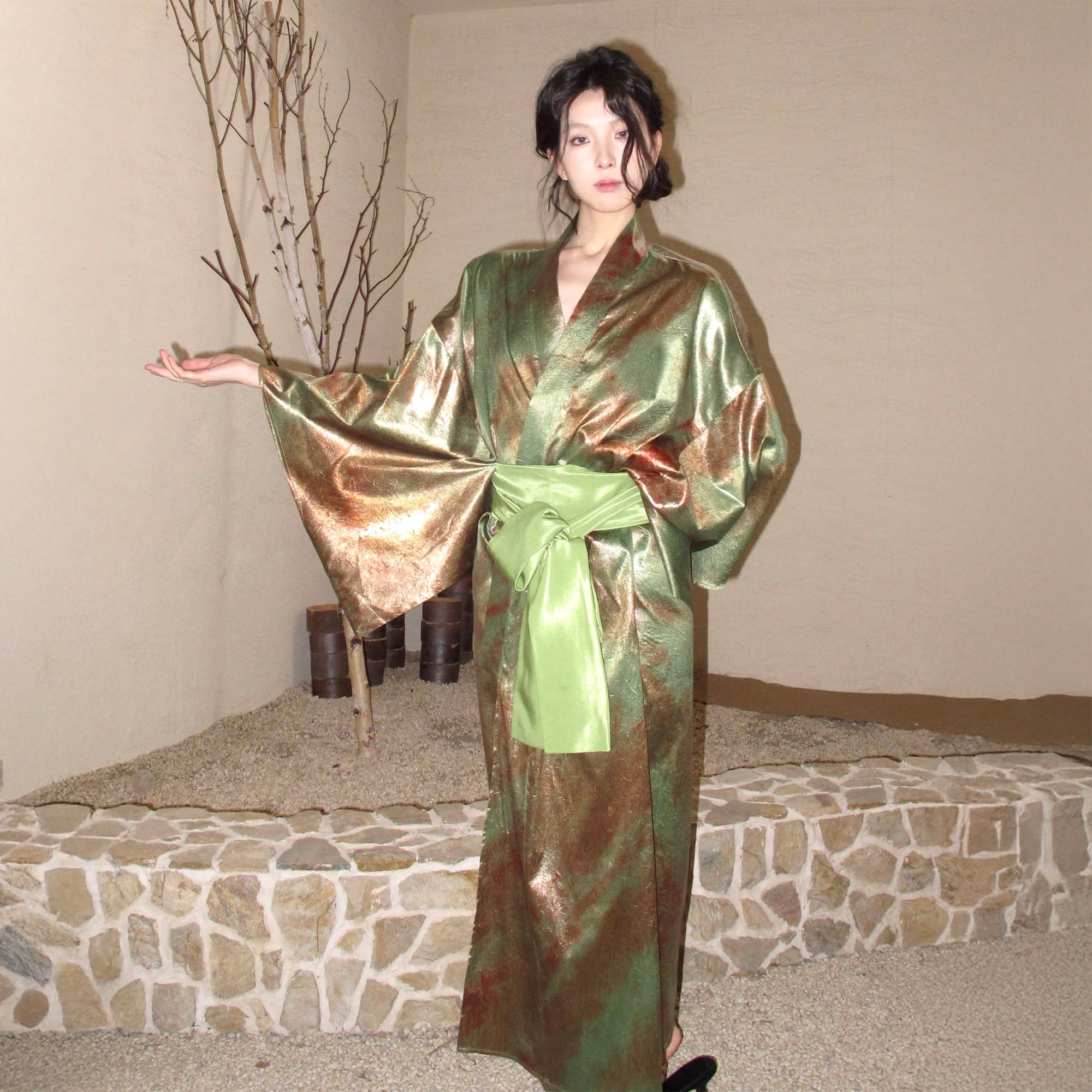 WHYNOTDANCE Satin Obi-Belt Kimono Dress