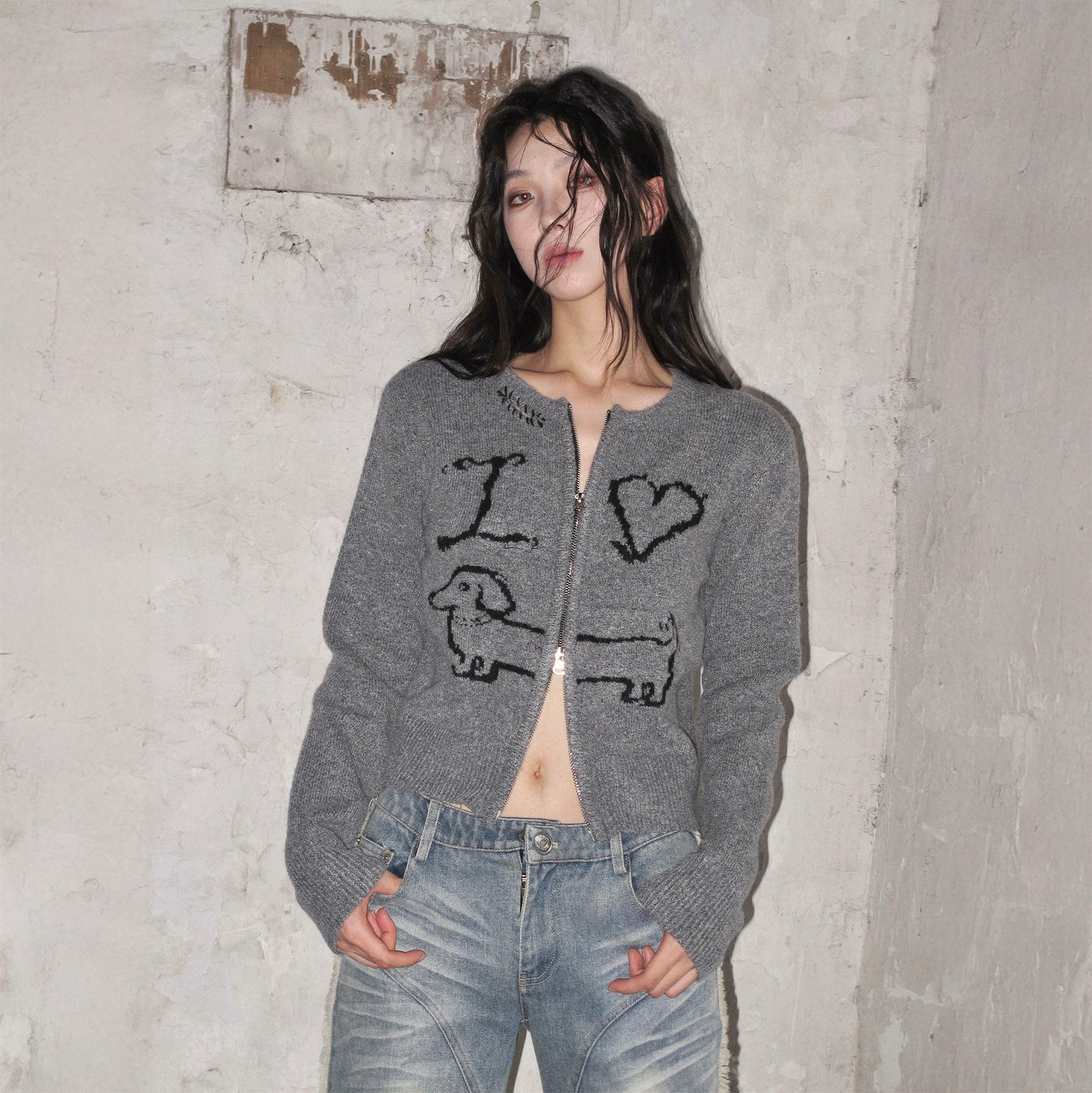 WHYNOTDANCE Dachshund Jacquard Wool-Blend Zip Cardigan