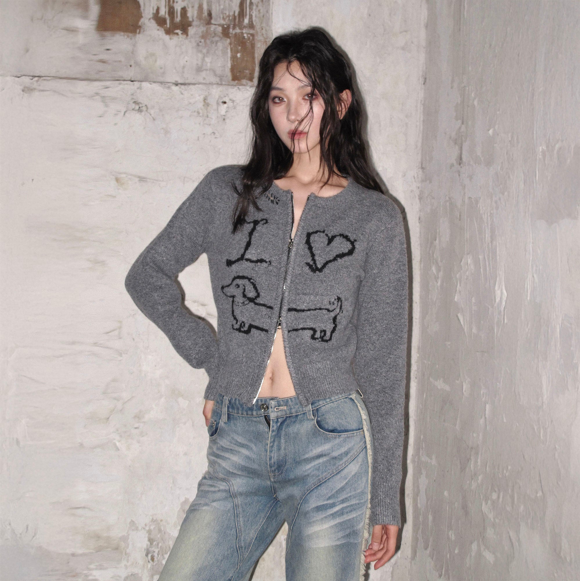 WHYNOTDANCE Dachshund Jacquard Wool-Blend Zip Cardigan