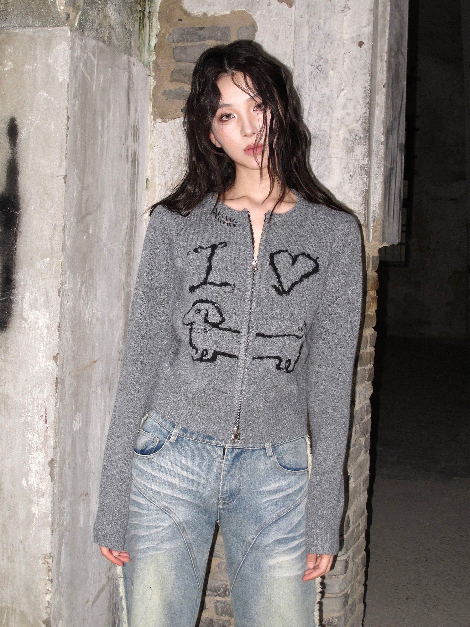 WHYNOTDANCE Dachshund Jacquard Wool-Blend Zip Cardigan