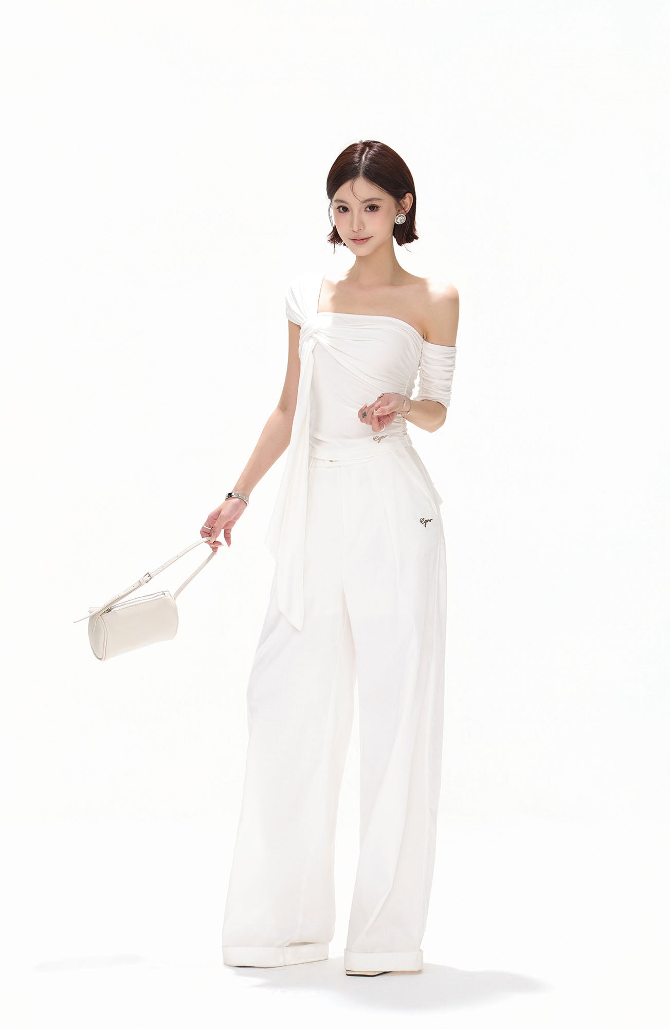 CYNR Twist-Drape Off-Shoulder Top White