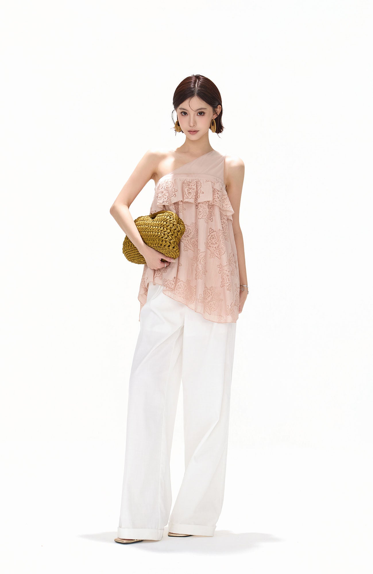 CYNR Asymmetrical Floral Lace Ruffle Top