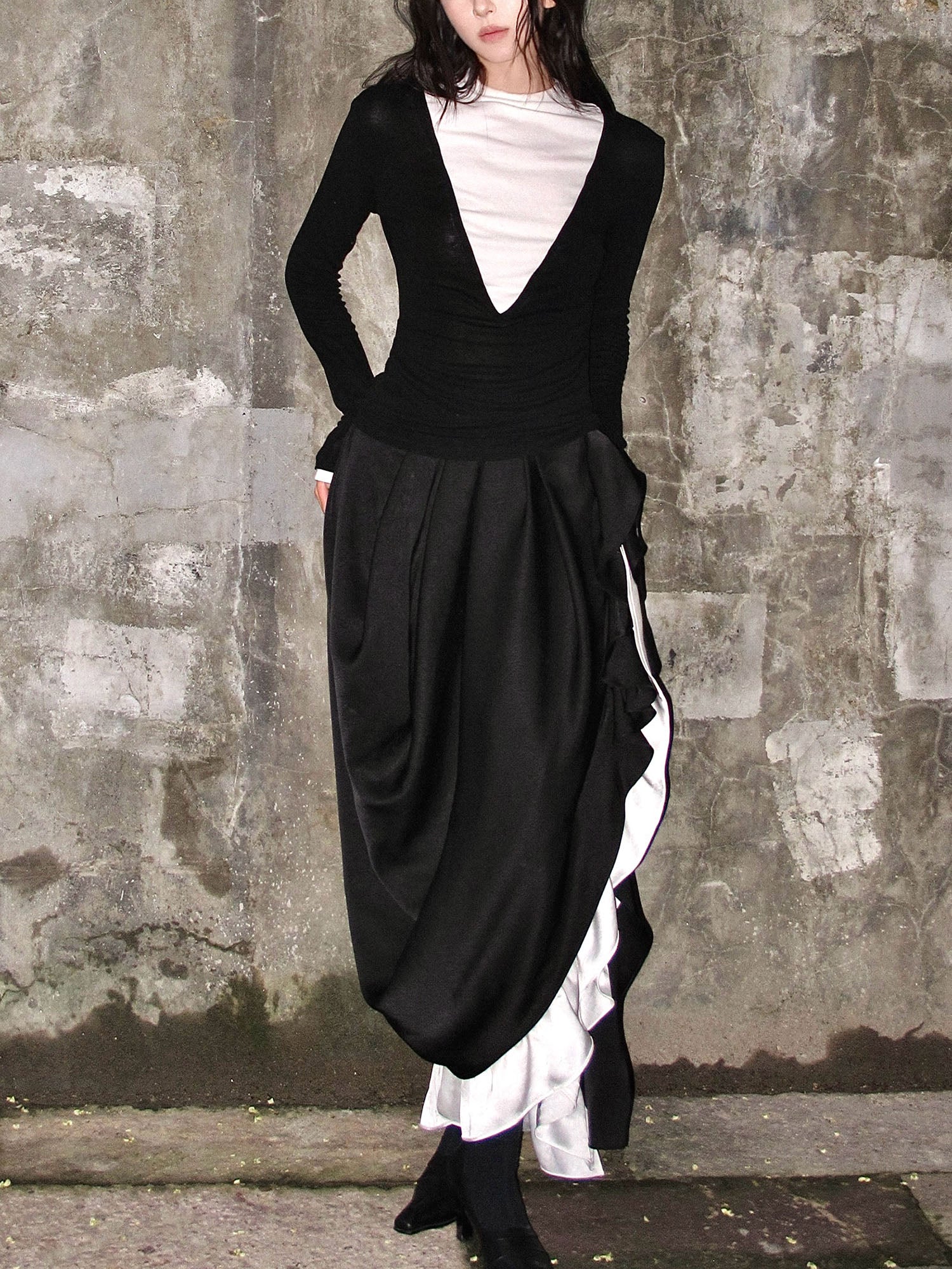 WHYNOTDANCE Asymmetric Ruffle-Trim Contrast Dress