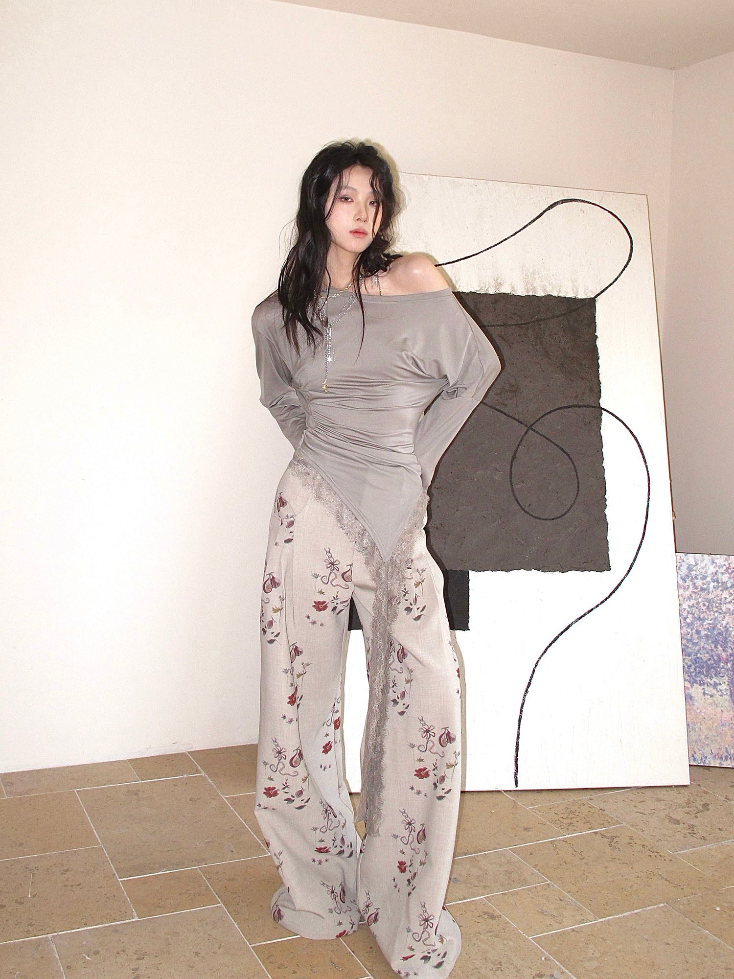 WHYNOTDANCE Asymmetric Ruched Lace-Trim Long-Sleeve Tee