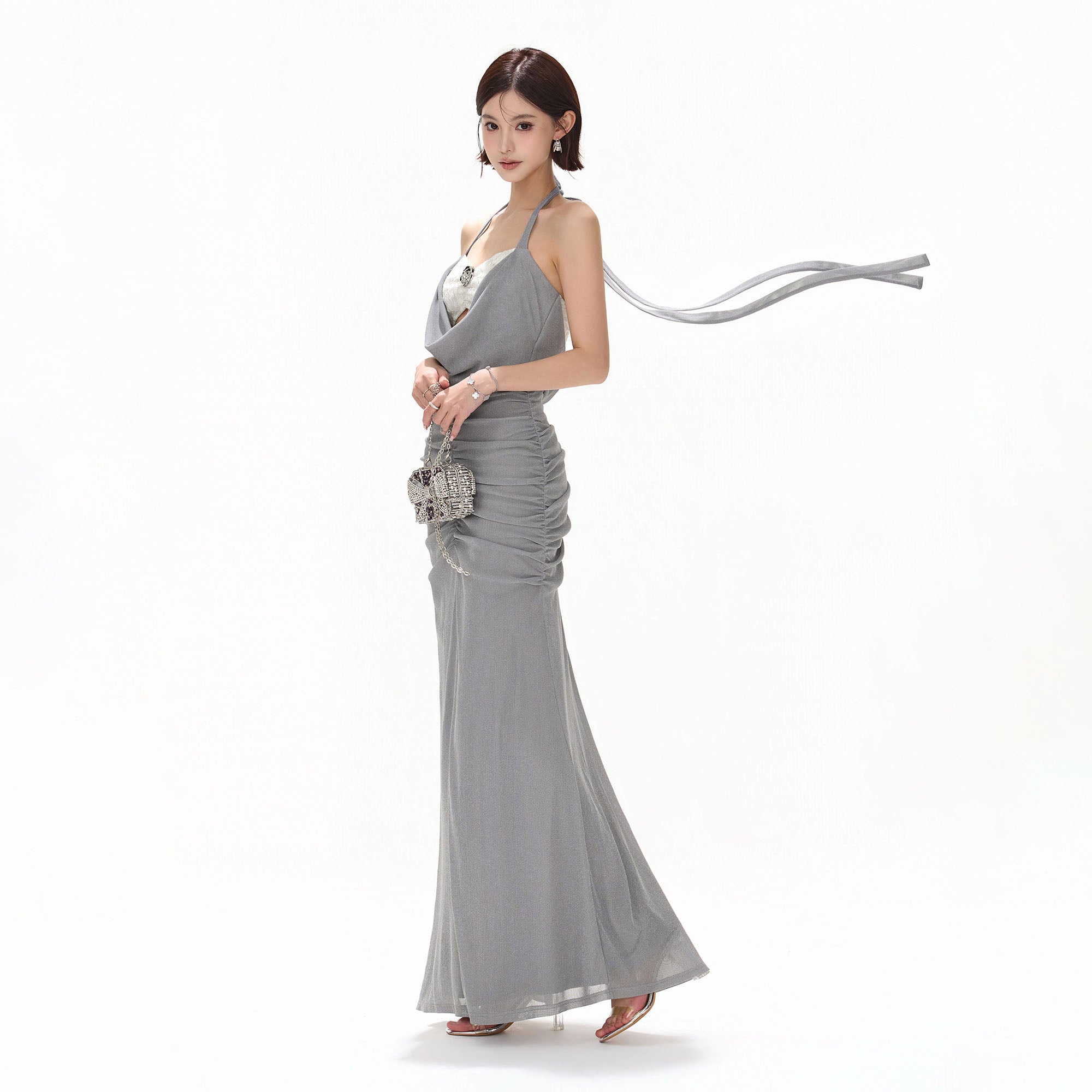CYNR Sequin Bandeau Ruched Halter Maxi Dress Gray