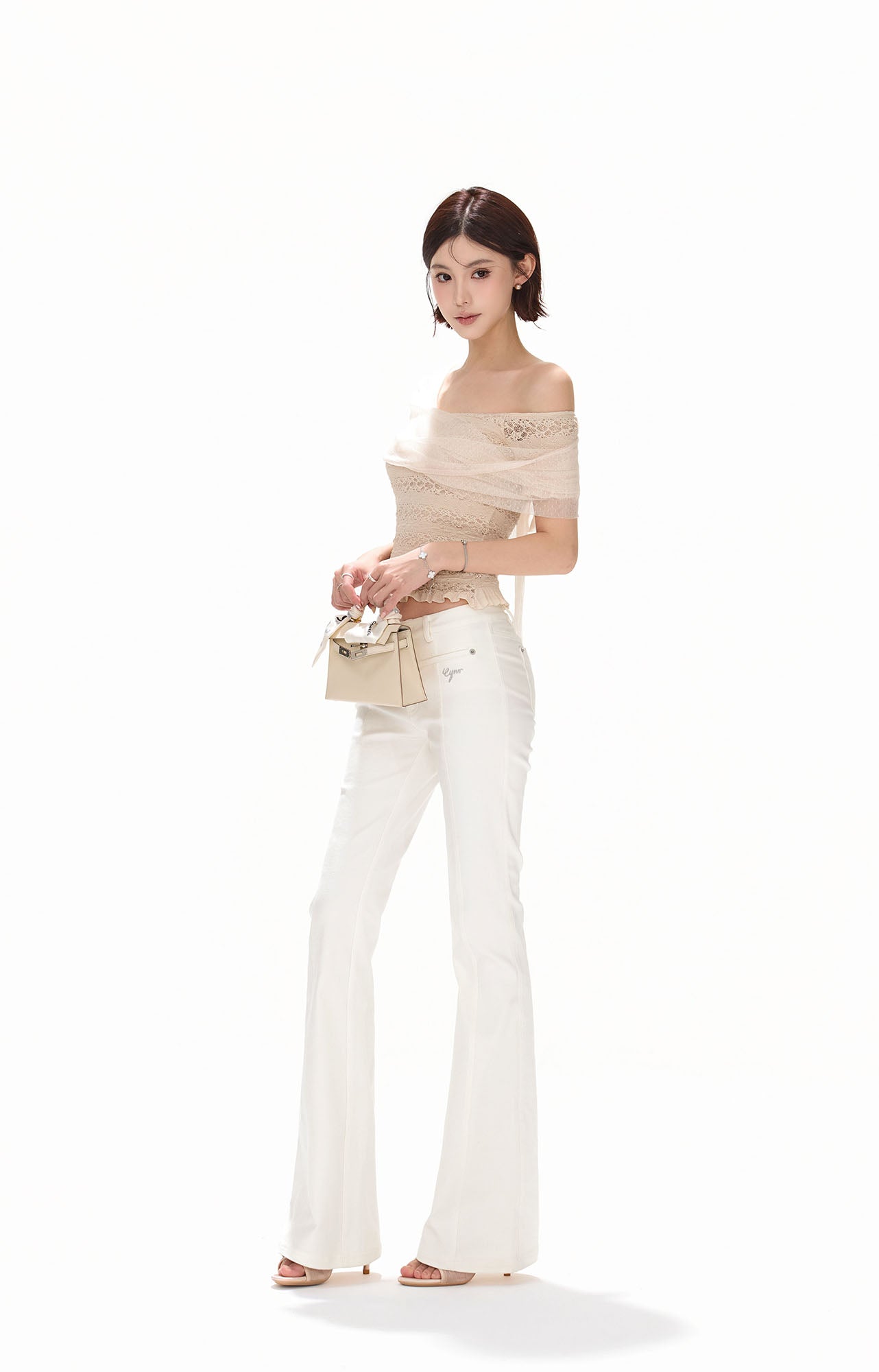 CYNR Sheer Draped Off-Shoulder Lace Top