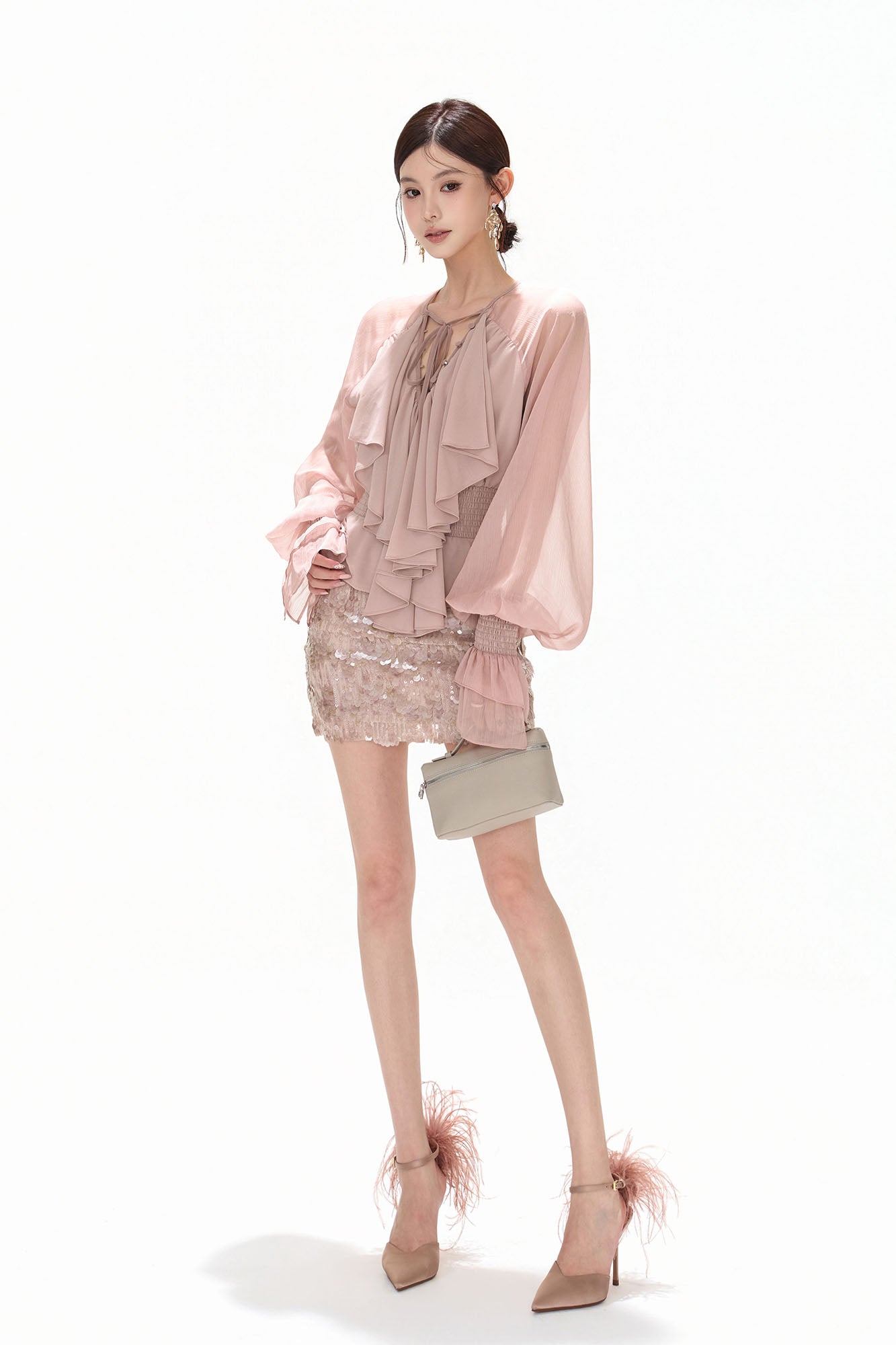 CYNR Ruffle Tie-Neck Smocked Blouse