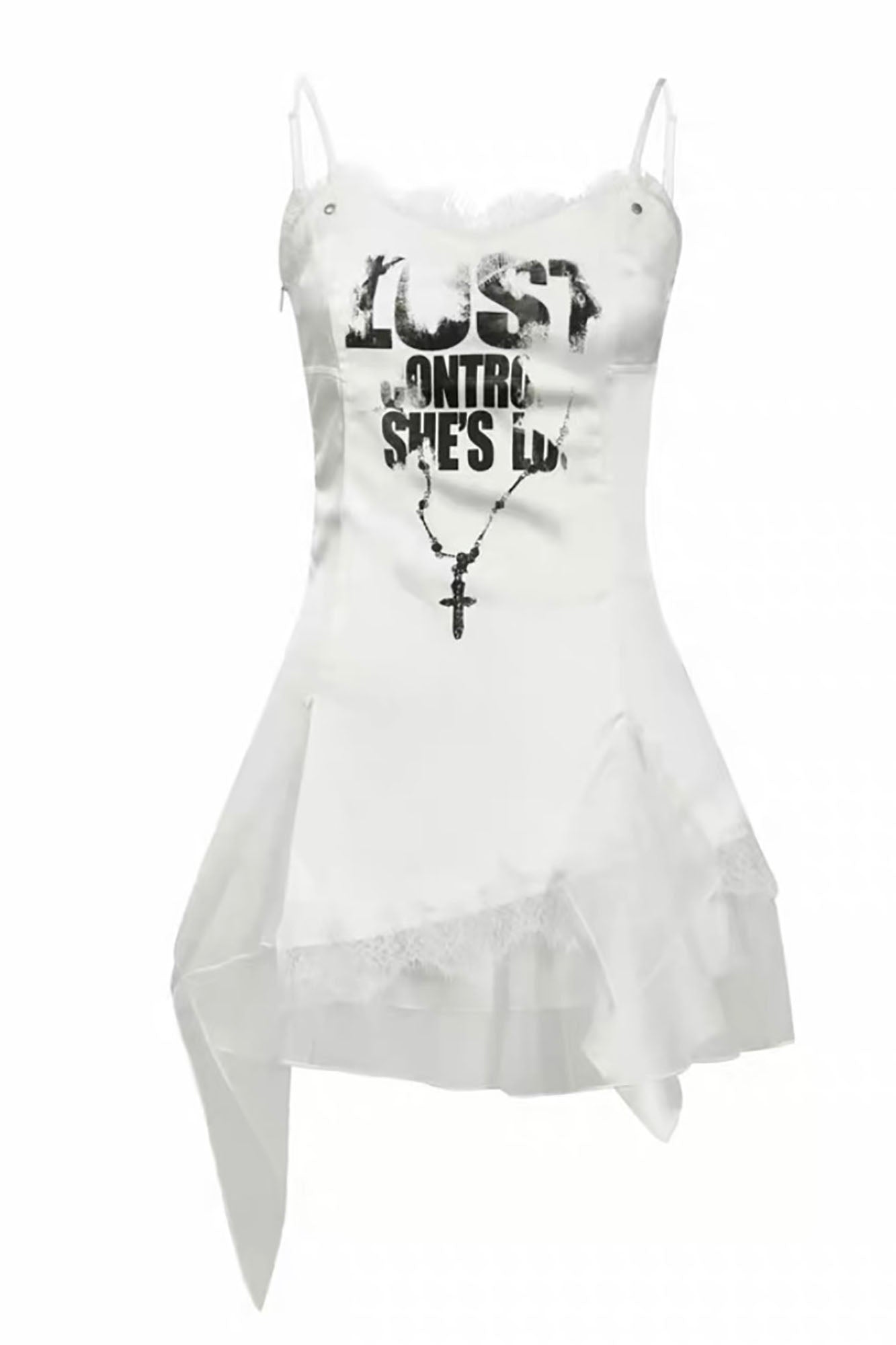 CESTNOUS Asymmetrical Lace Trim Graphic Slip Dress