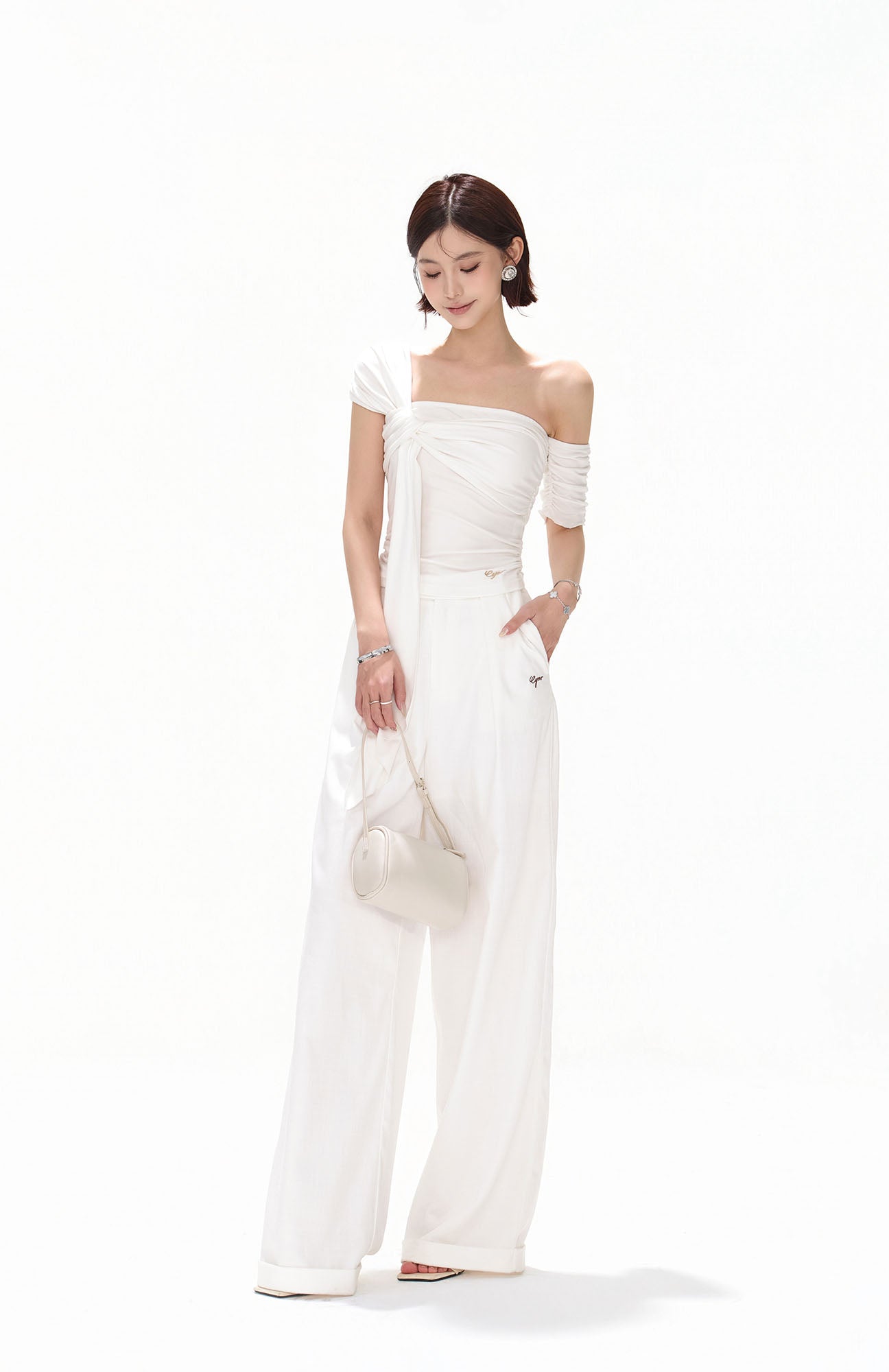 CYNR Twist-Drape Off-Shoulder Top White