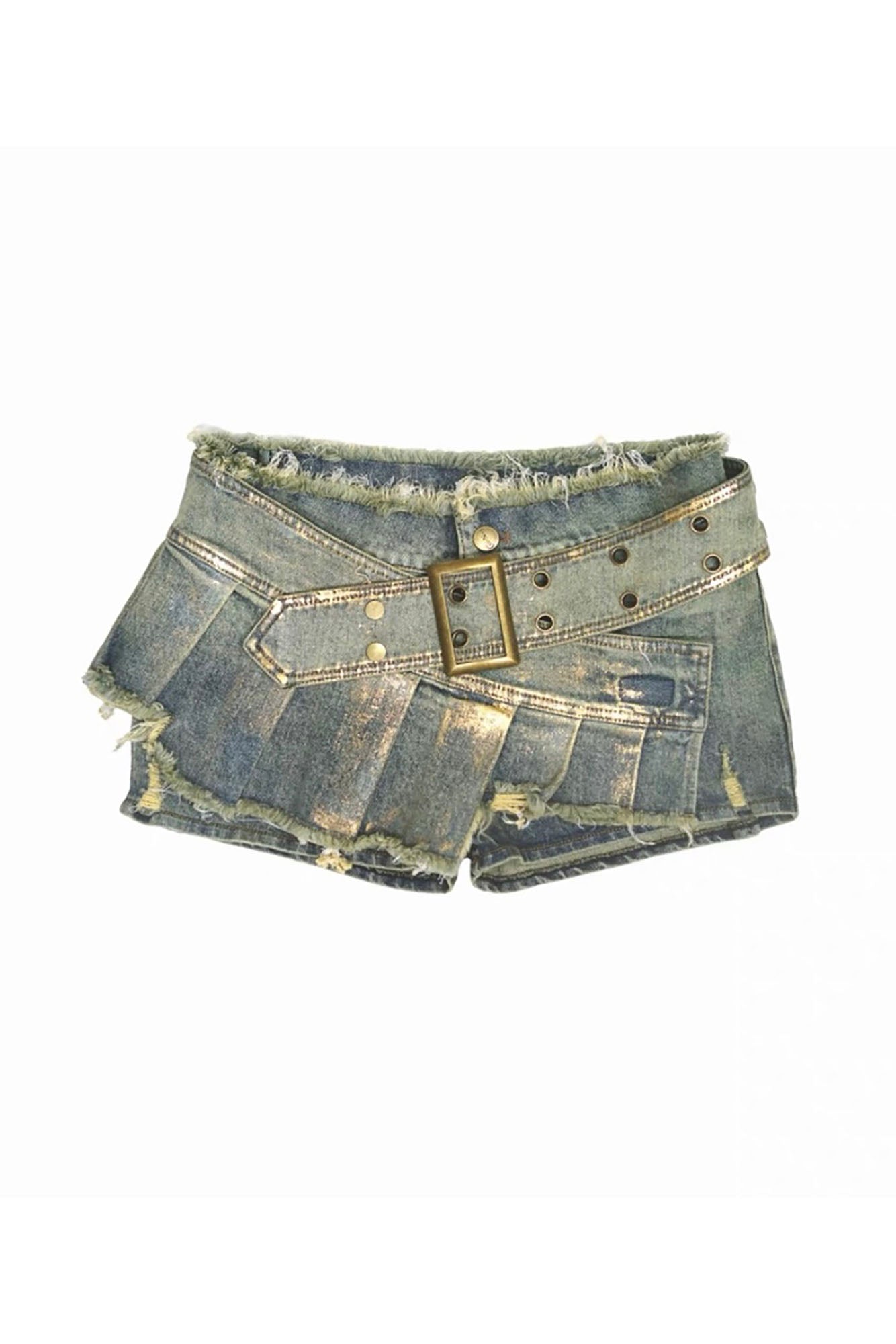 CESTNOUS Gold-Foil Paneled Frayed Denim Skort