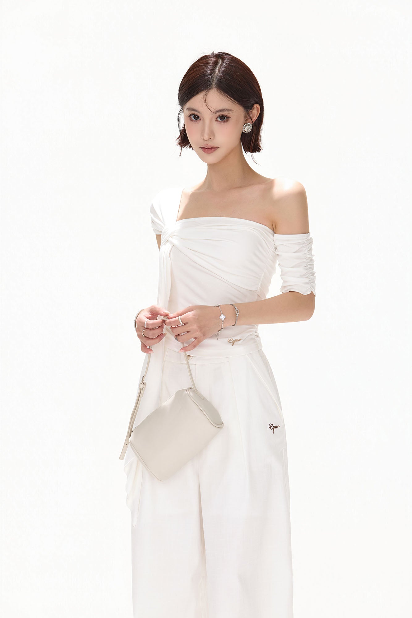 CYNR Twist-Drape Off-Shoulder Top White