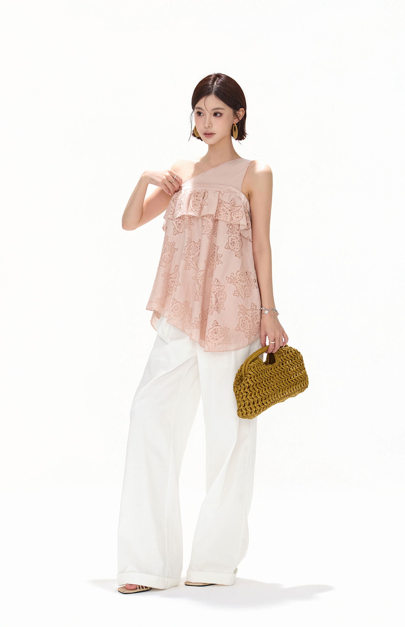 CYNR Asymmetrical Floral Lace Ruffle Top