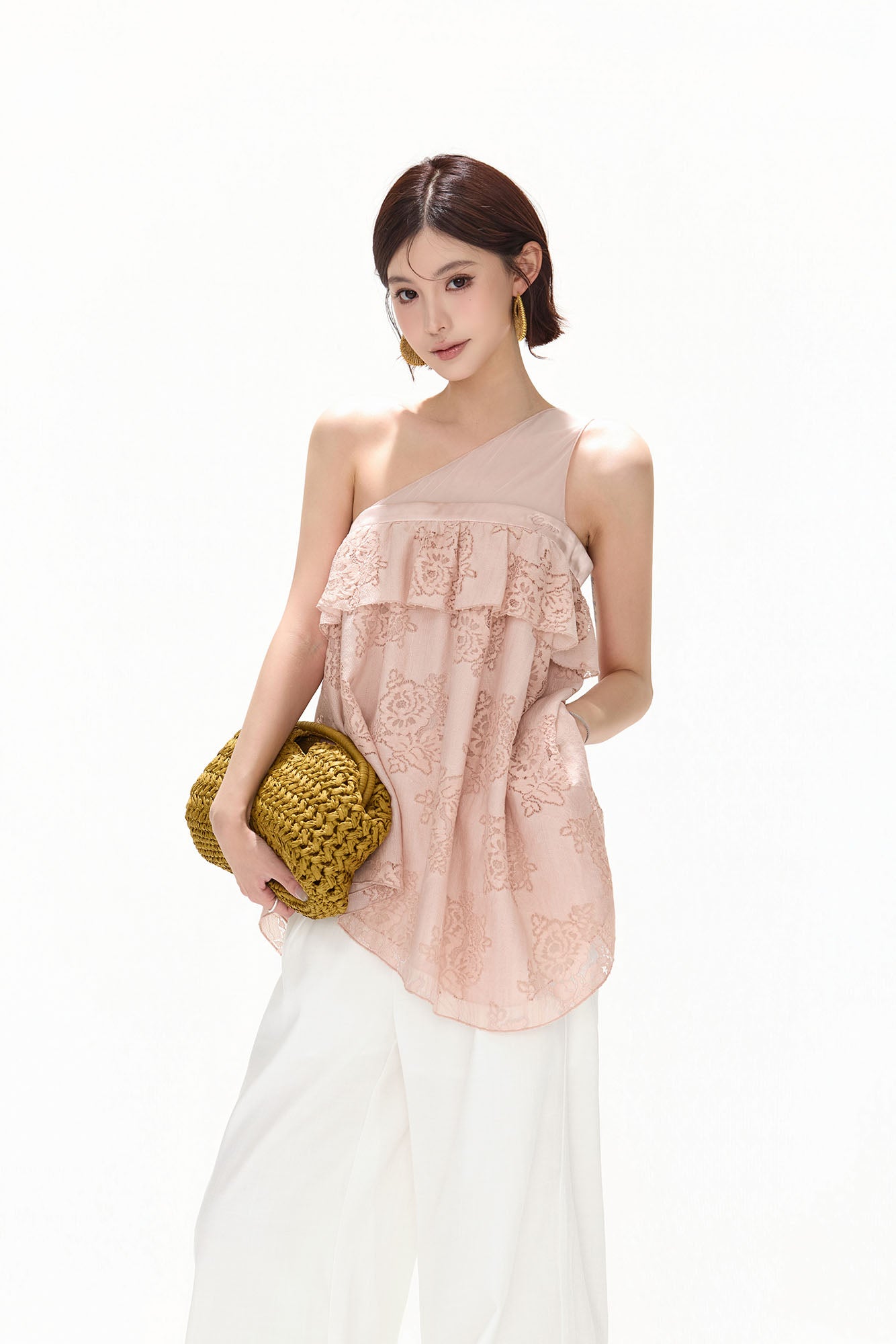 CYNR Asymmetrical Floral Lace Ruffle Top