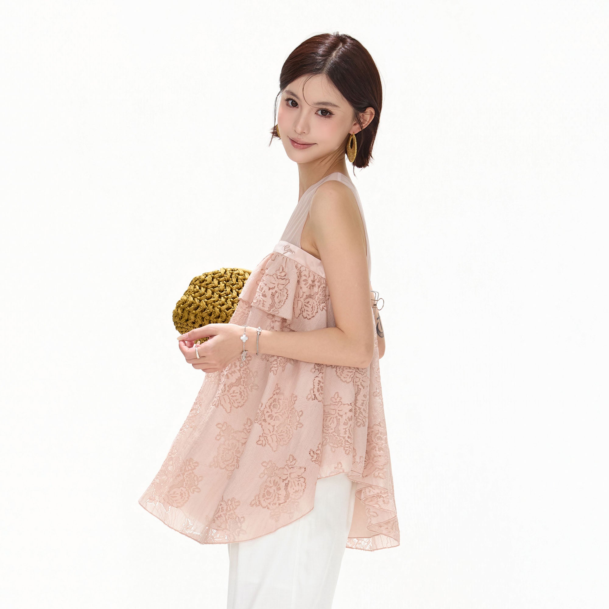 CYNR Asymmetrical Floral Lace Ruffle Top