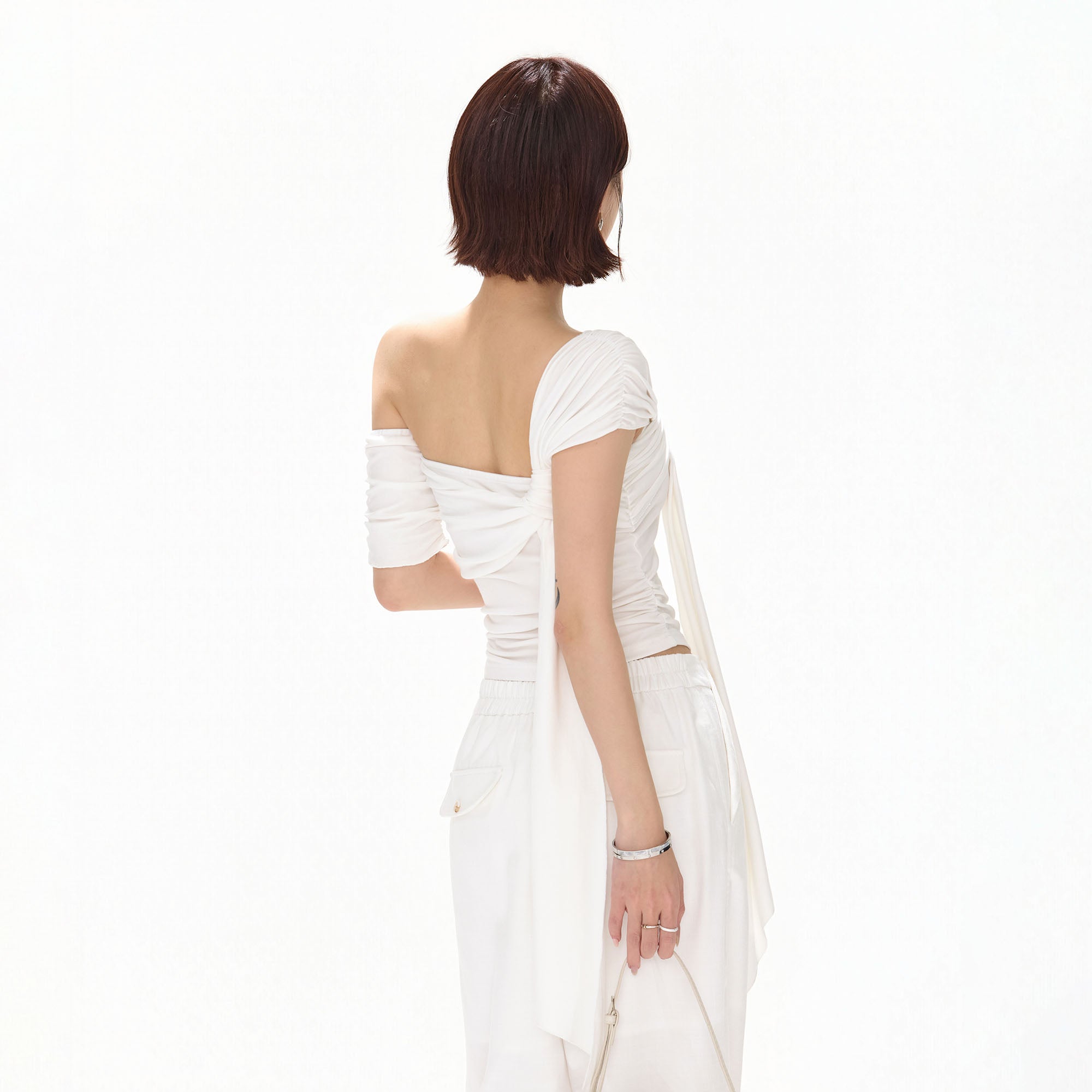 CYNR Twist-Drape Off-Shoulder Top White