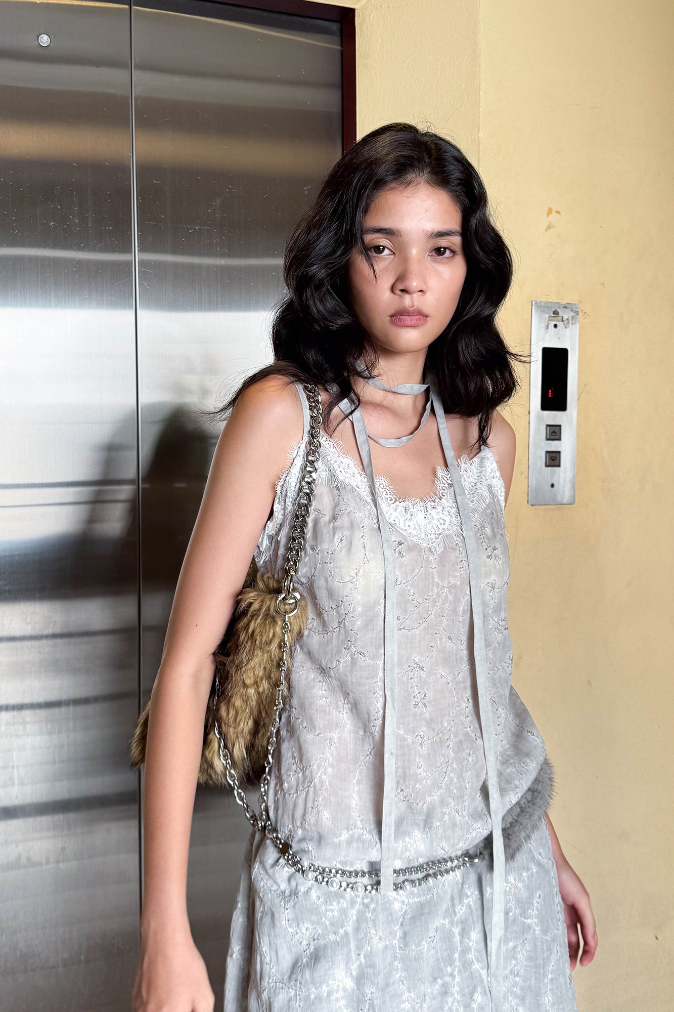 JIUWU PARK Floral Lace Trim Slip Dress