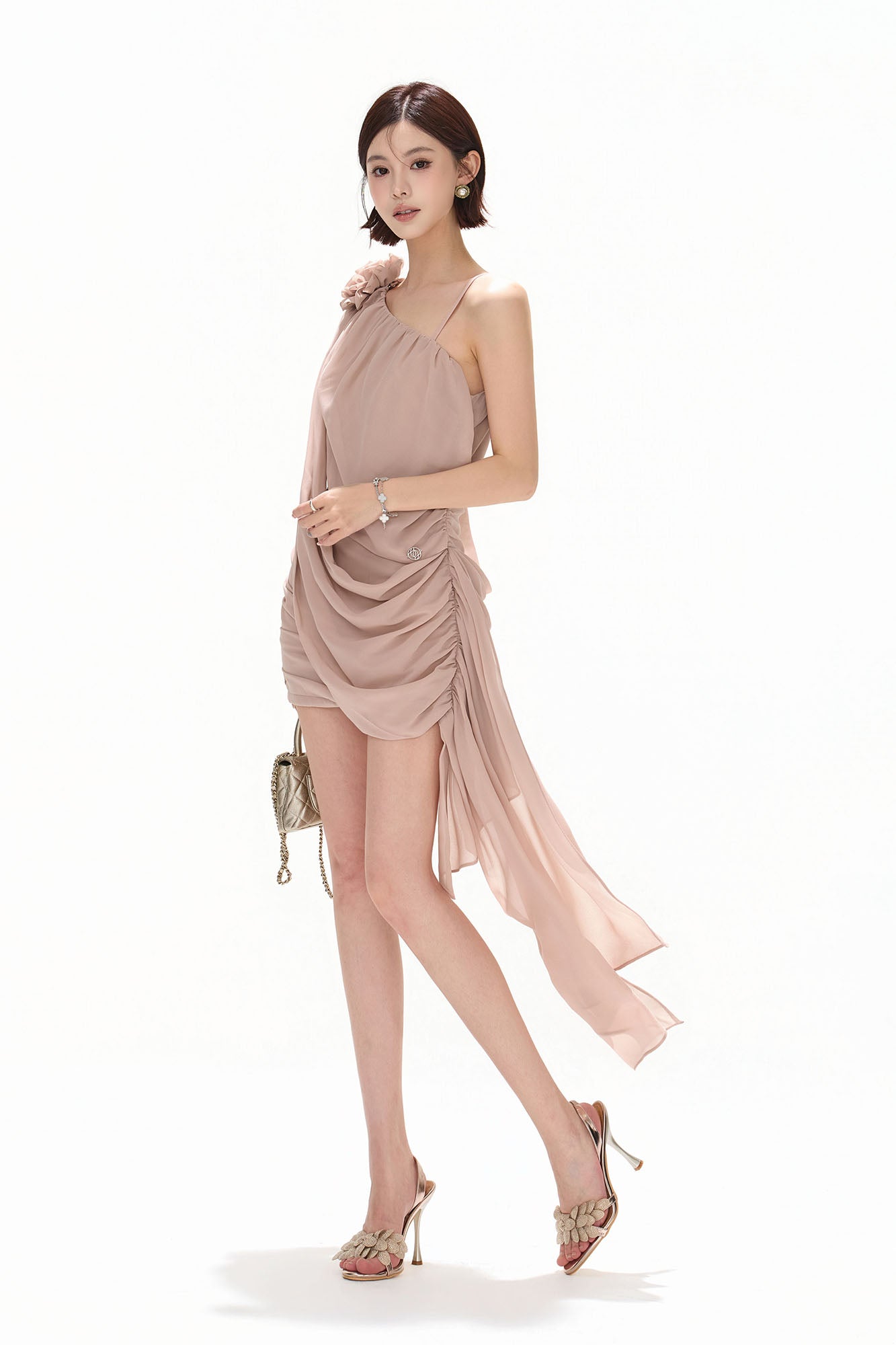 CYNR Rosette One-Shoulder Ruched Mini Dress Dusty Pink