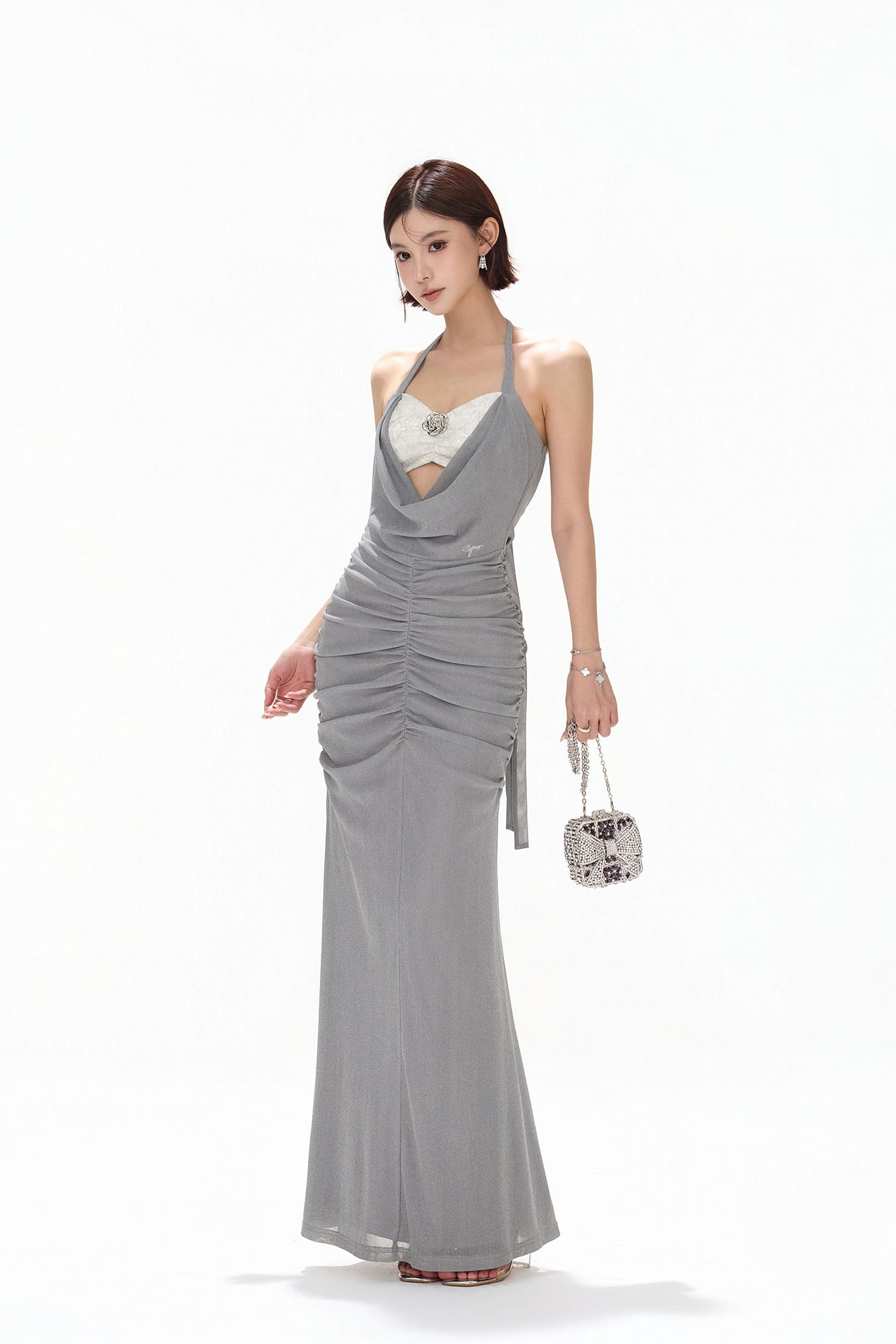 CYNR Sequin Bandeau Ruched Halter Maxi Dress Gray