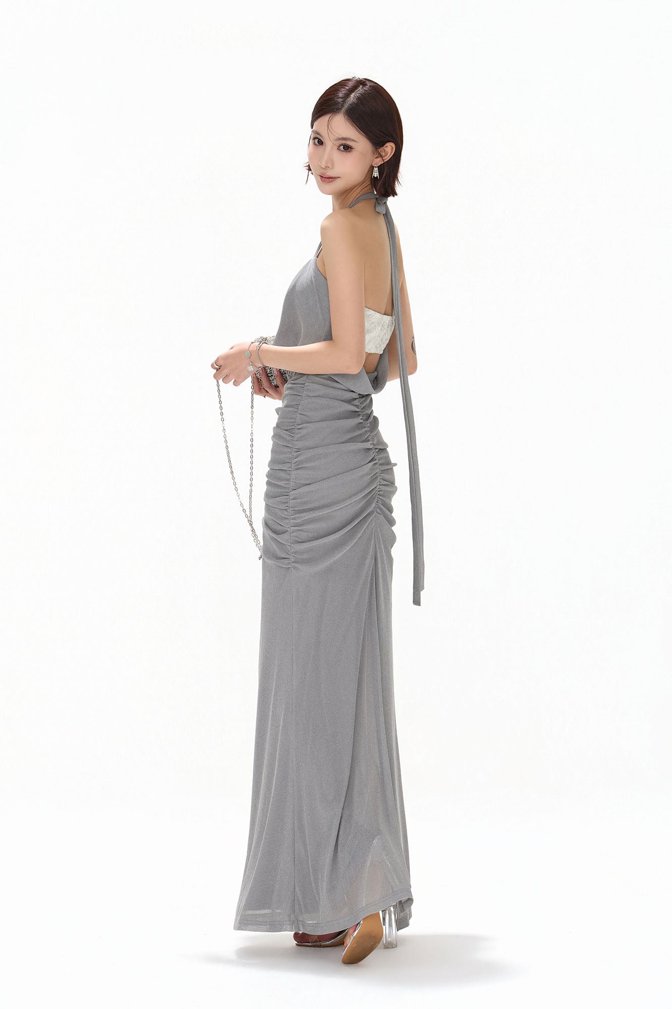 CYNR Sequin Bandeau Ruched Halter Maxi Dress Gray