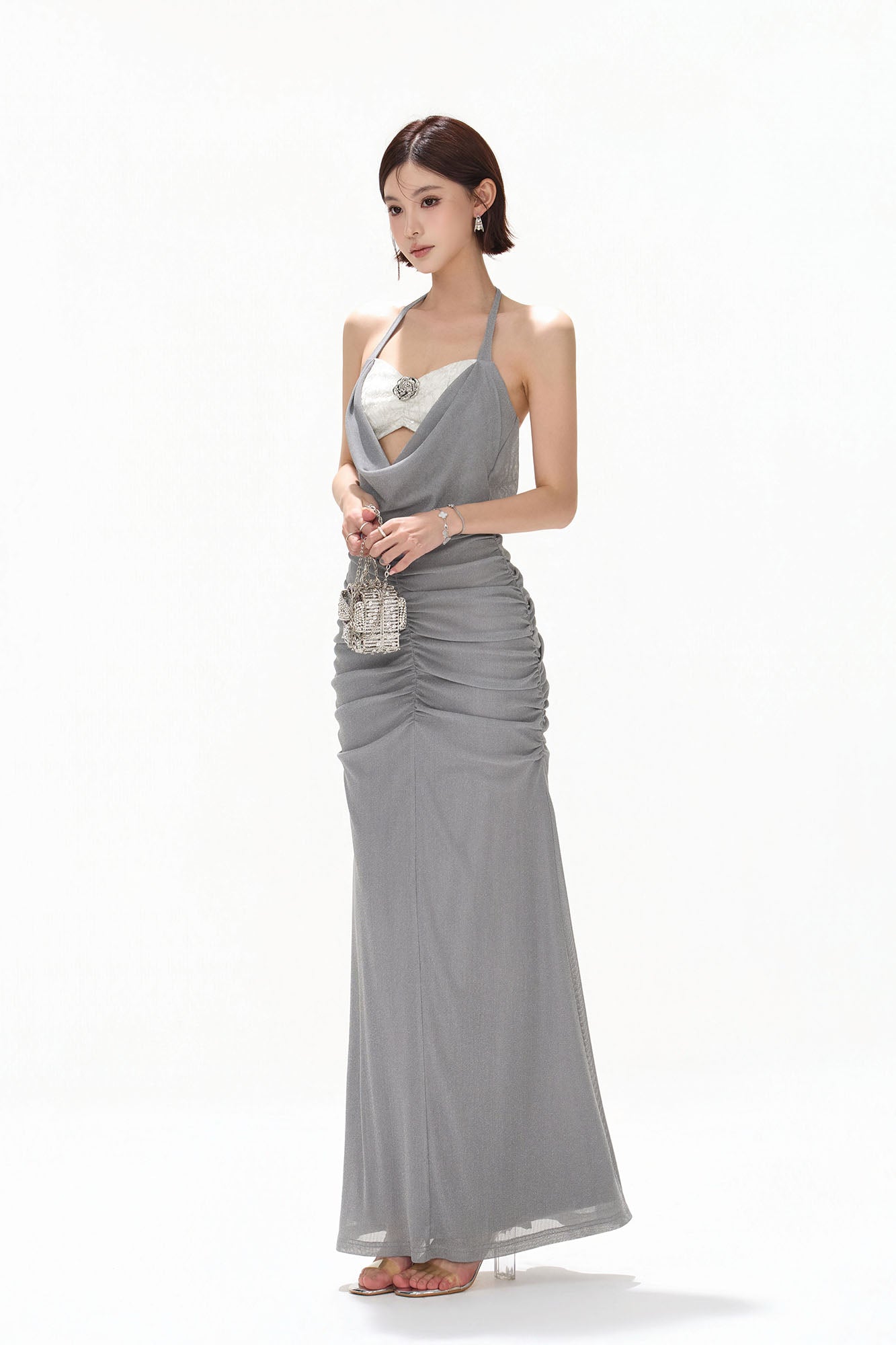 CYNR Sequin Bandeau Ruched Halter Maxi Dress Gray