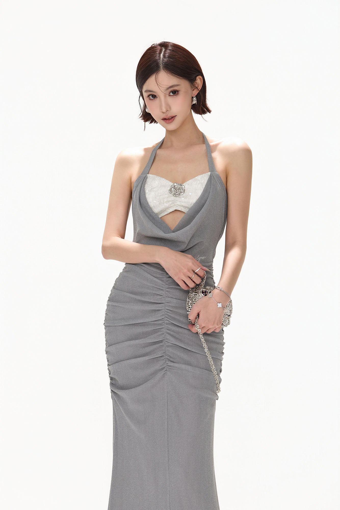CYNR Sequin Bandeau Ruched Halter Maxi Dress Gray