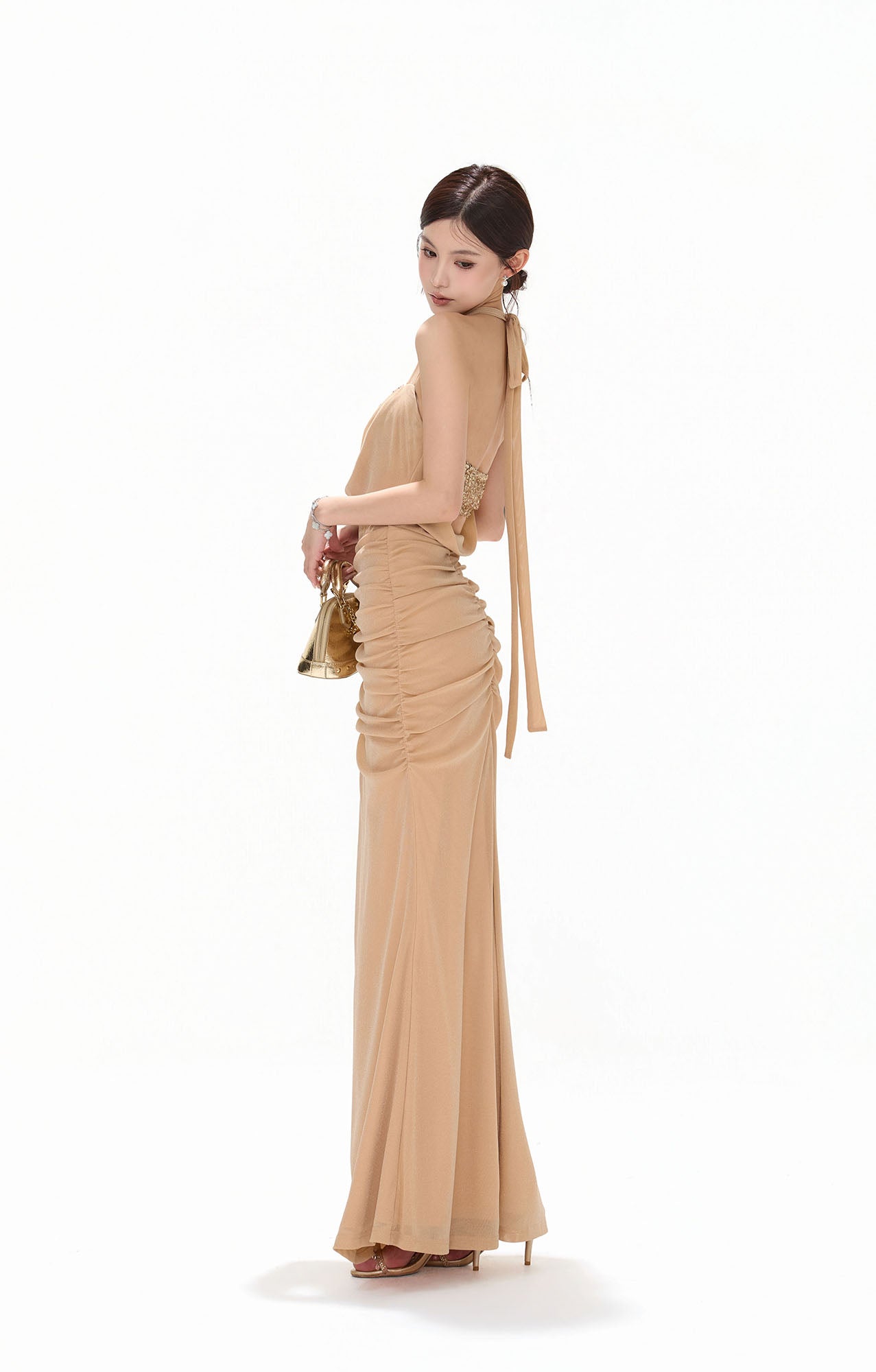 CYNR Sequin Bandeau Ruched Halter Maxi Dress Champagne