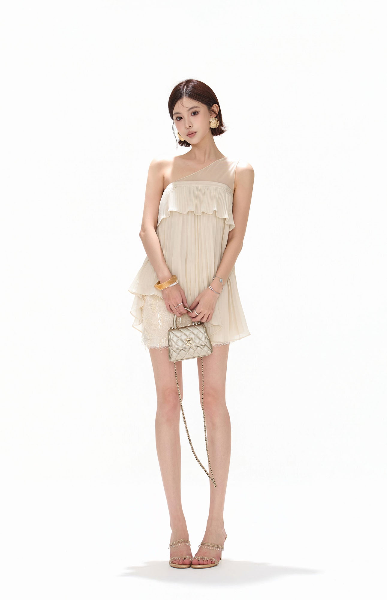 CYNR Asymmetrical-Shoulder Crinkled Ruffle Top
