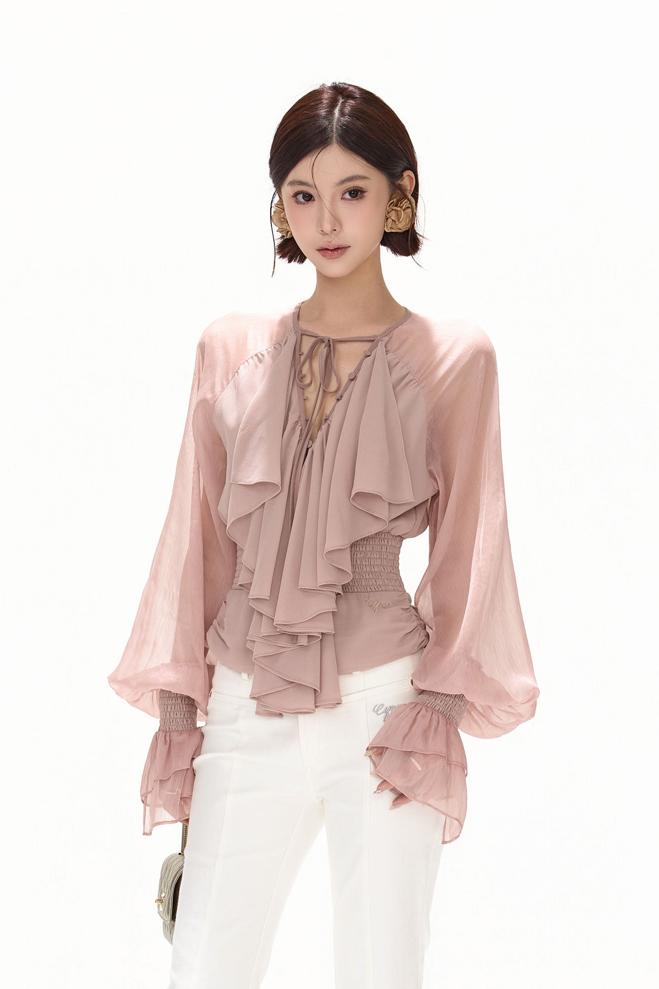 CYNR Ruffle Tie-Neck Smocked Blouse
