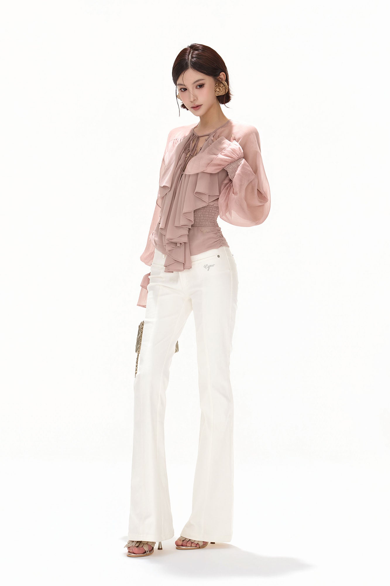 CYNR Ruffle Tie-Neck Smocked Blouse