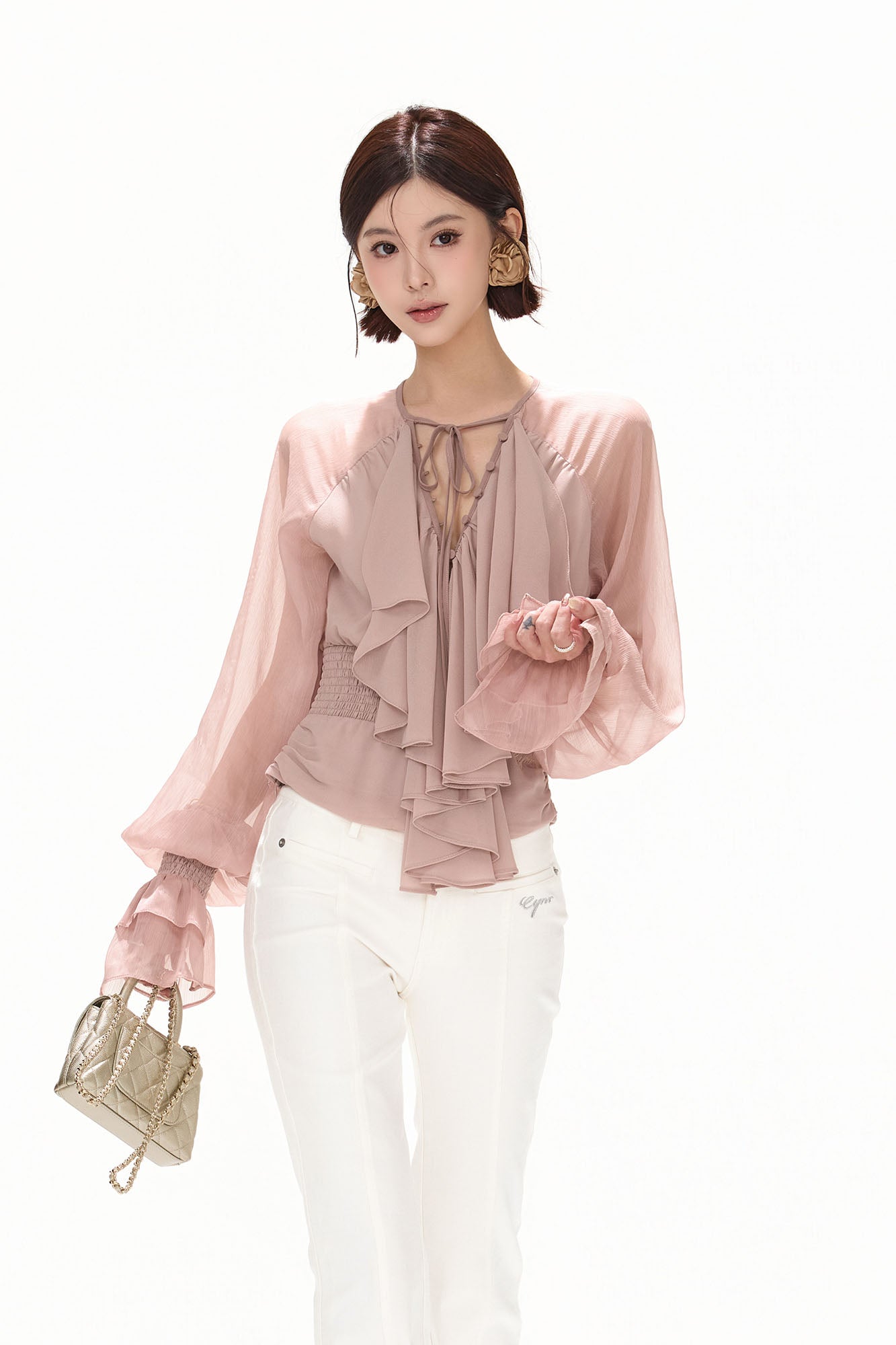 CYNR Ruffle Tie-Neck Smocked Blouse