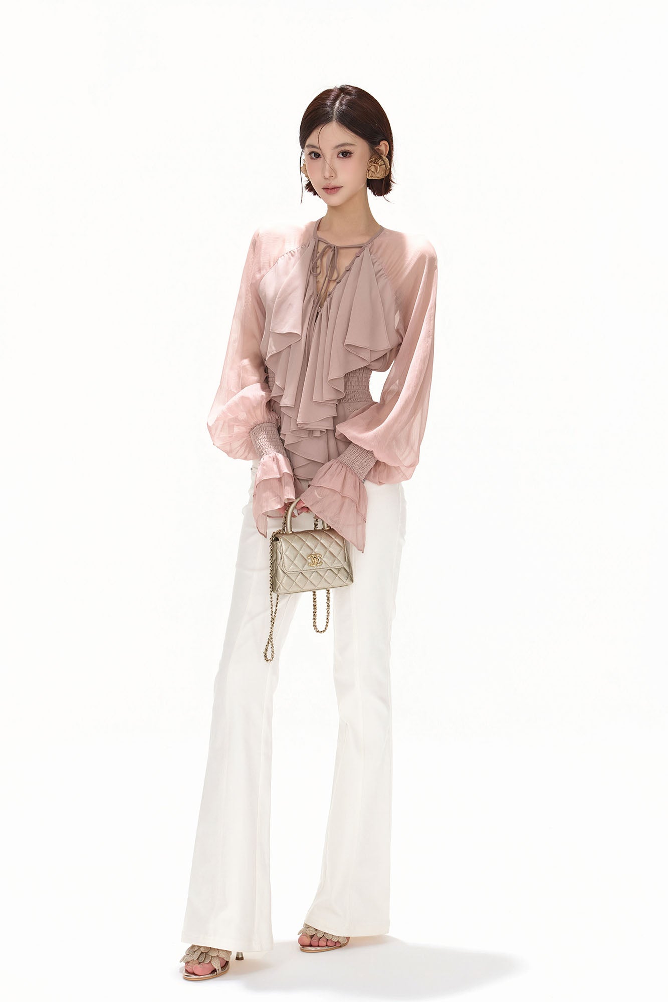 CYNR Ruffle Tie-Neck Smocked Blouse