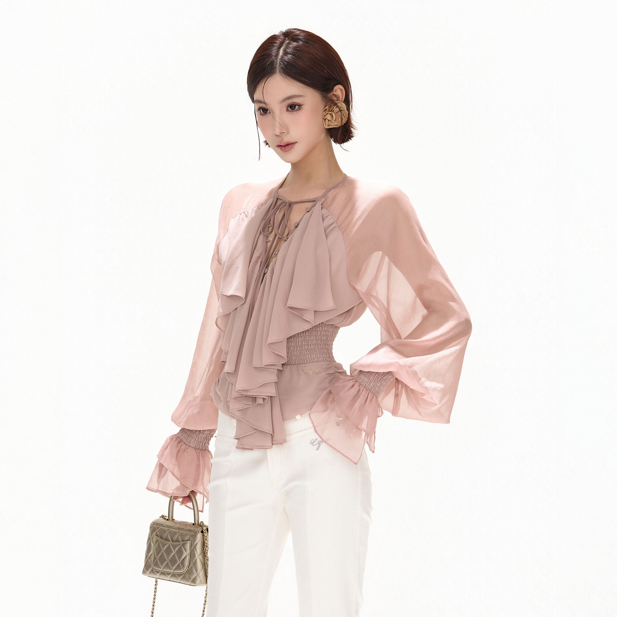 CYNR Ruffle Tie-Neck Smocked Blouse