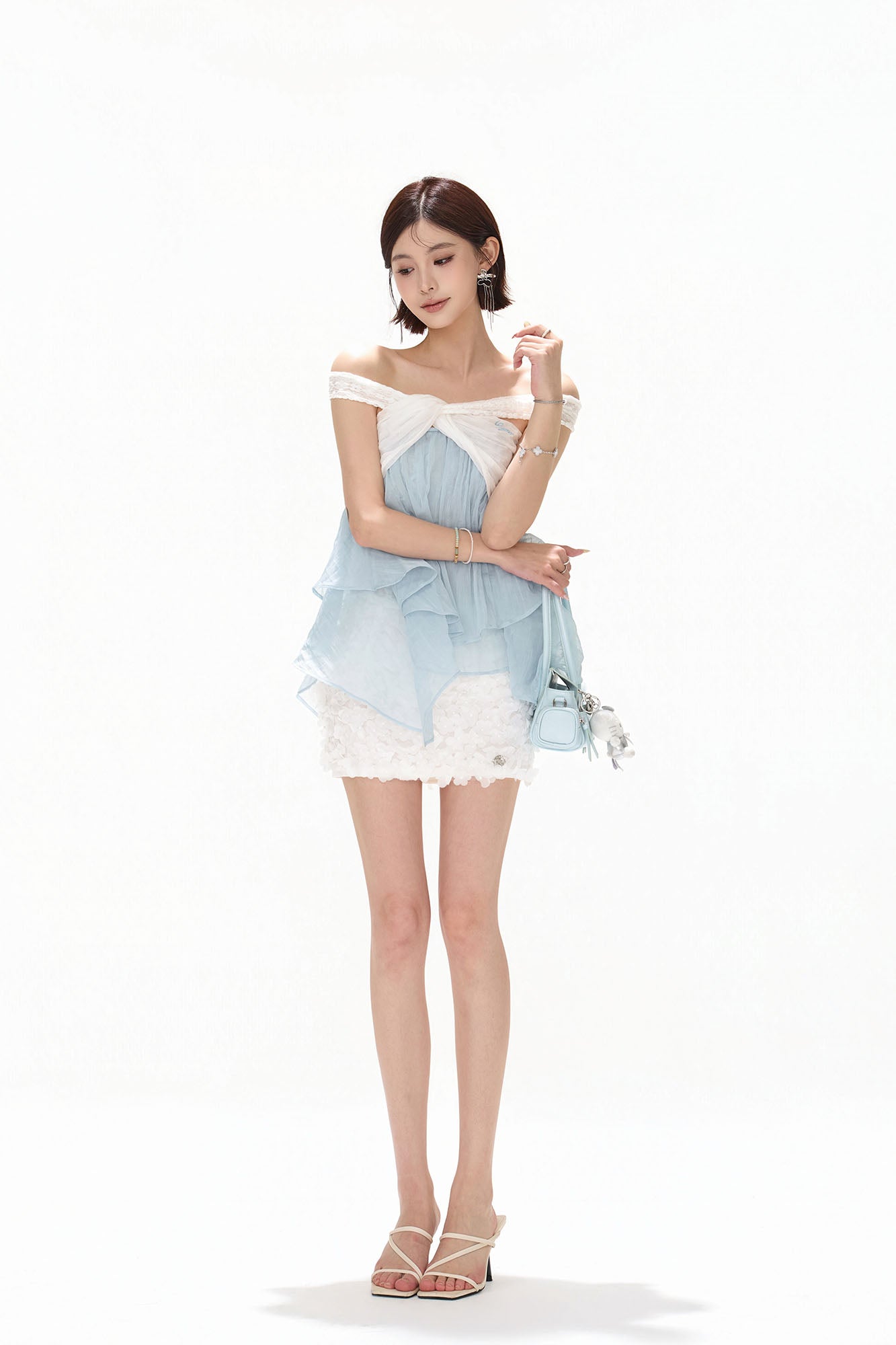 CYNR Off-Shoulder Layered Chiffon Top Powder Blue