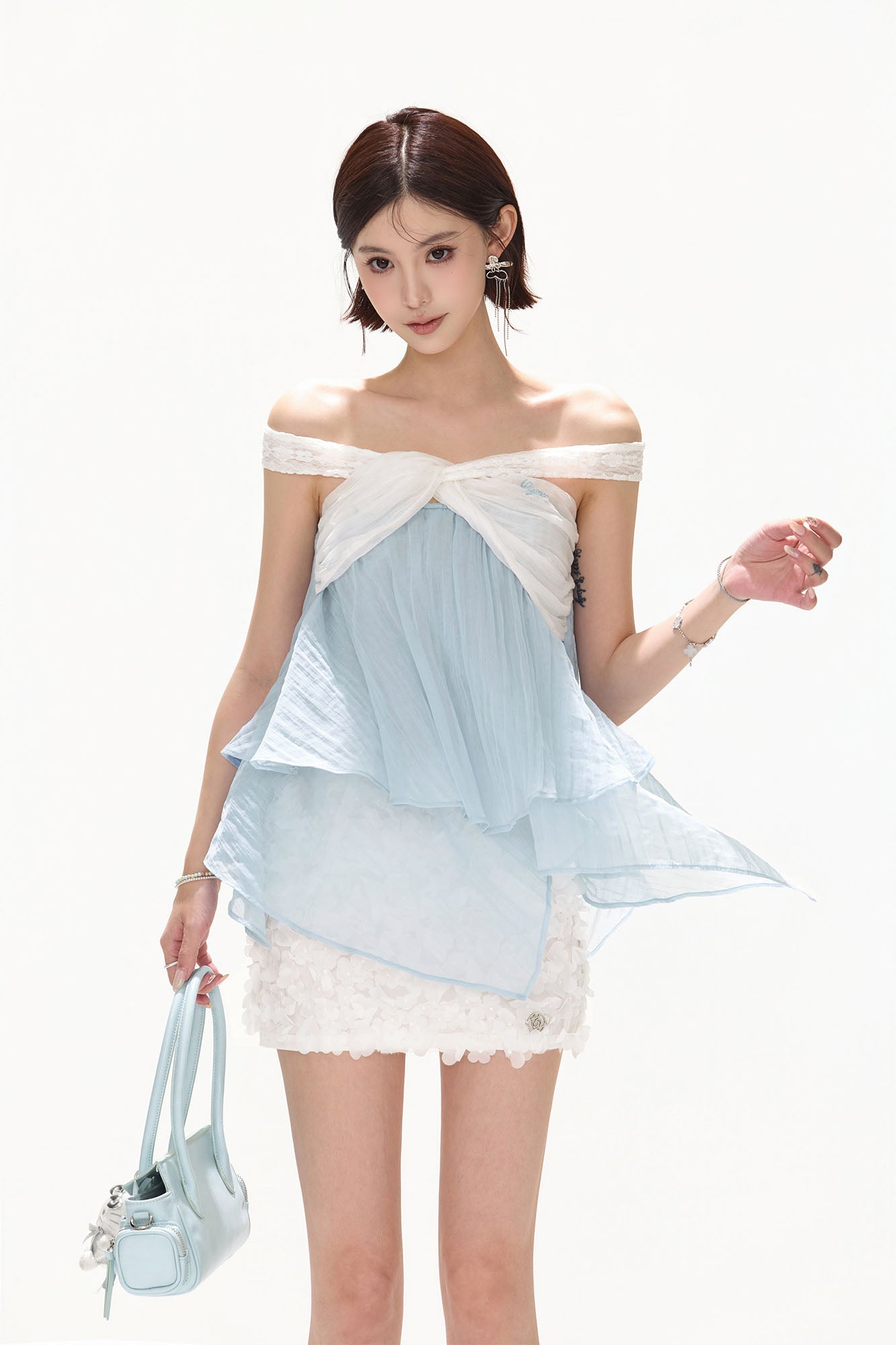 CYNR Off-Shoulder Layered Chiffon Top Powder Blue
