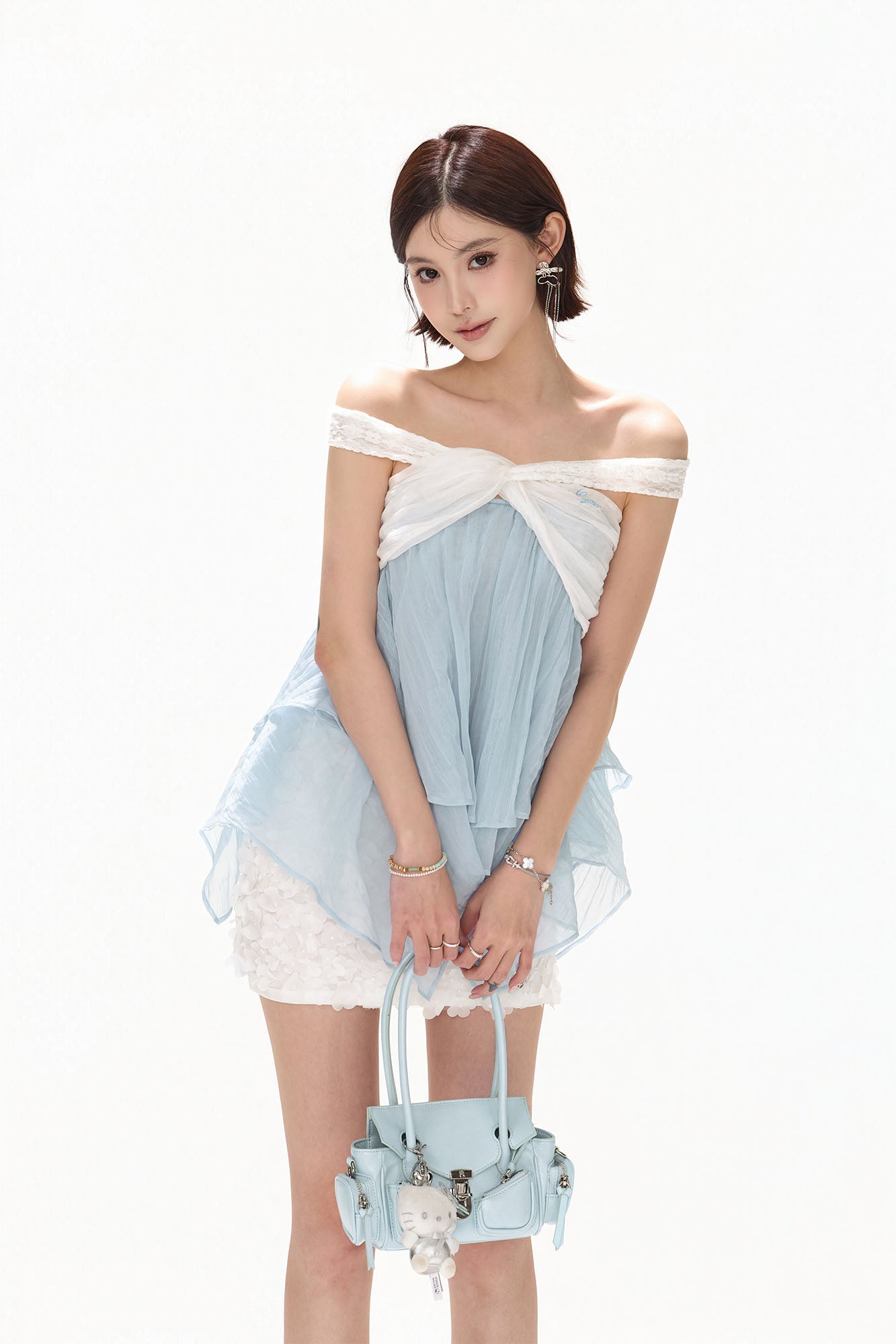 CYNR Off-Shoulder Layered Chiffon Top Powder Blue