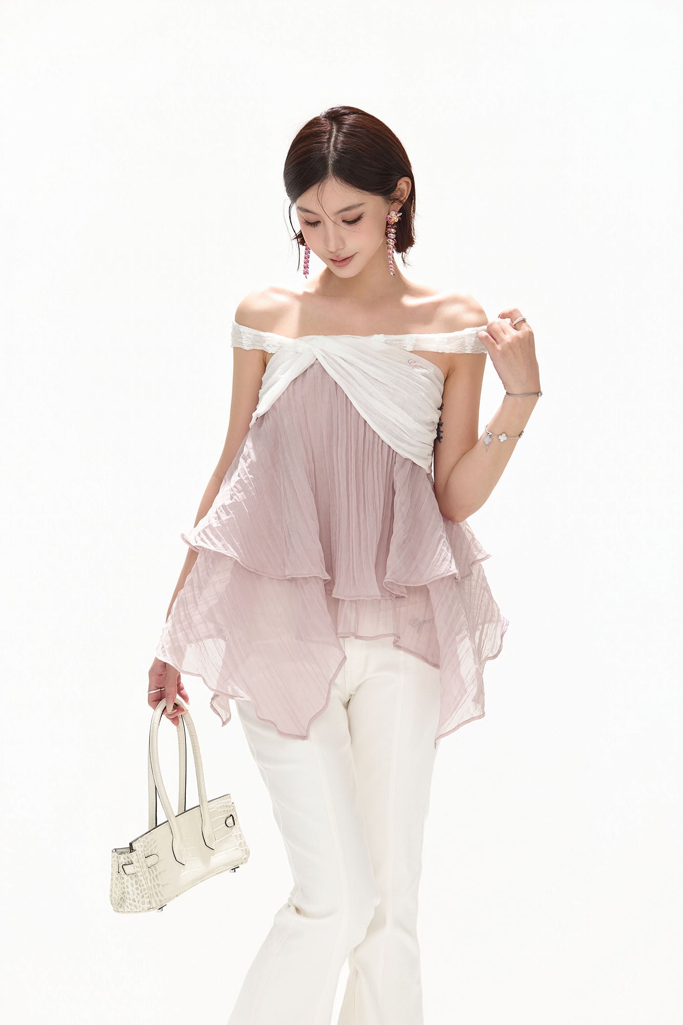 CYNR Off-Shoulder Layered Chiffon Top Light Lilac