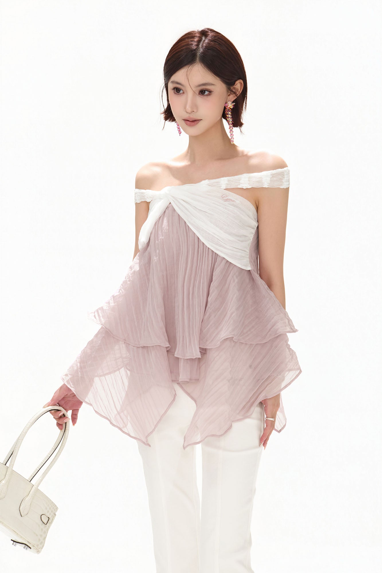 CYNR Off-Shoulder Layered Chiffon Top Light Lilac