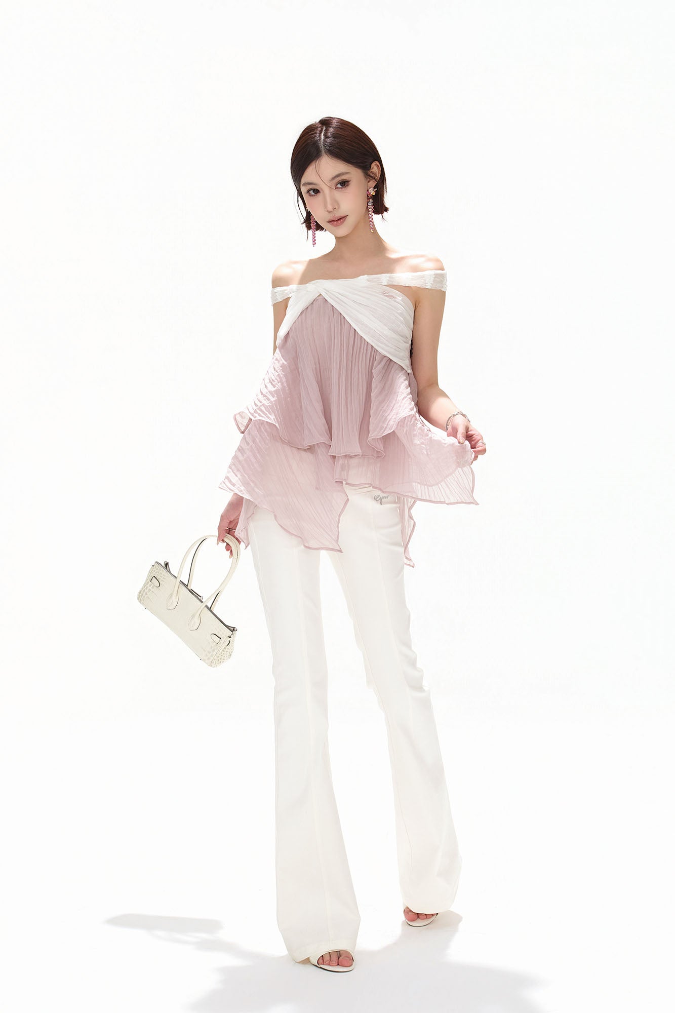 CYNR Off-Shoulder Layered Chiffon Top Light Lilac