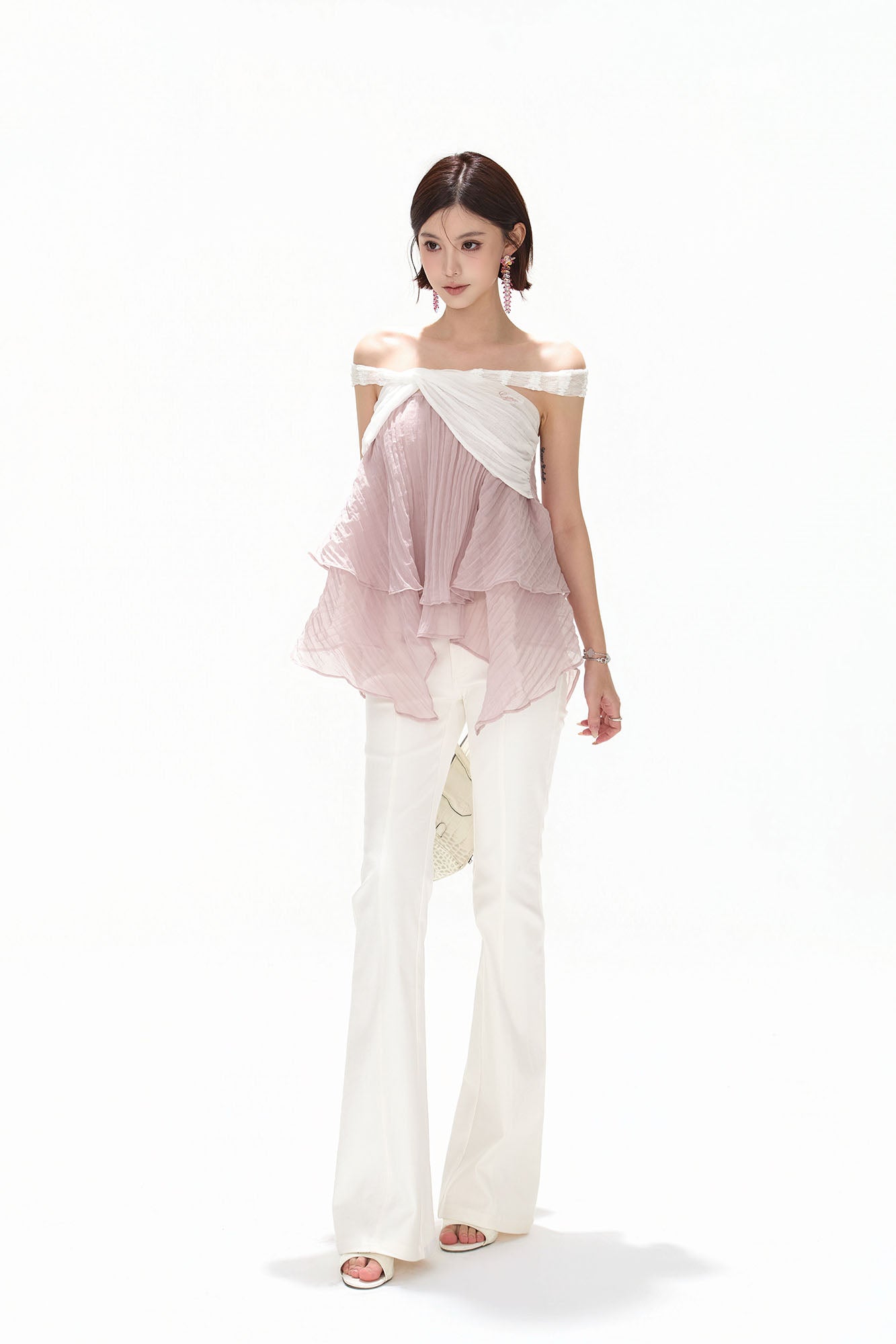 CYNR Off-Shoulder Layered Chiffon Top Light Lilac