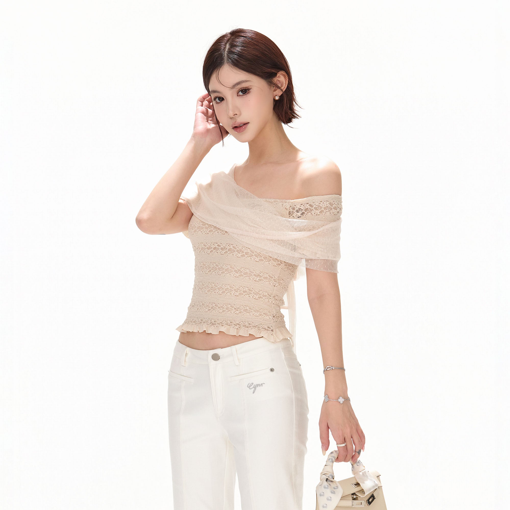 CYNR Sheer Draped Off-Shoulder Lace Top