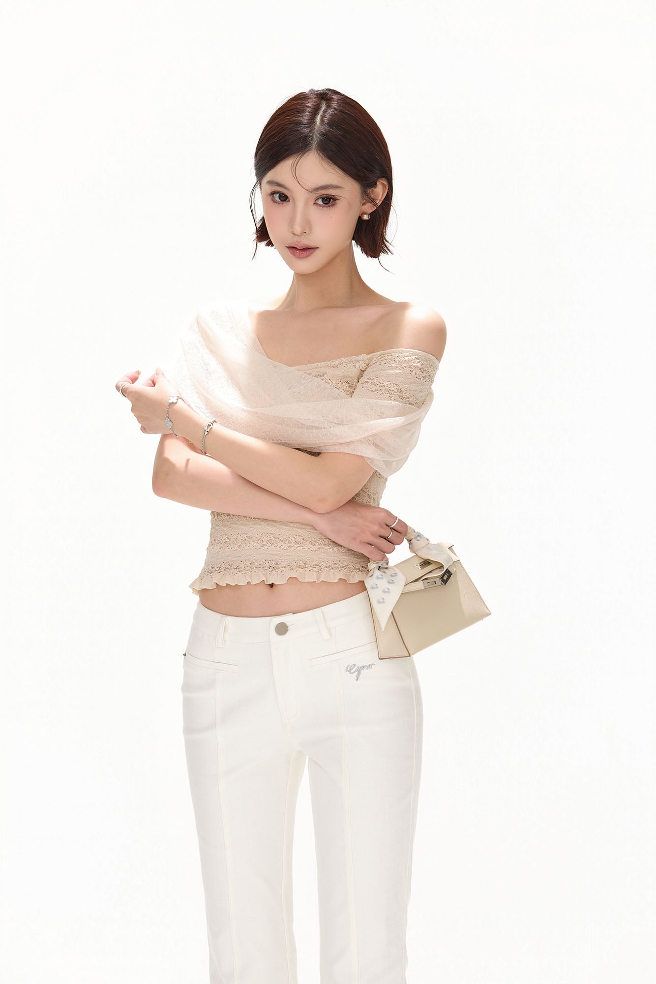 CYNR Sheer Draped Off-Shoulder Lace Top