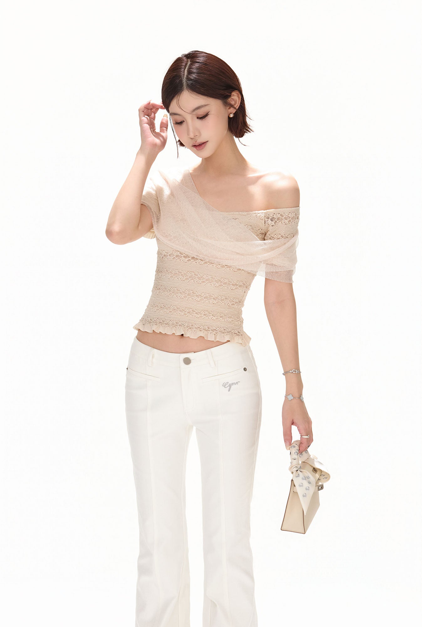 CYNR Sheer Draped Off-Shoulder Lace Top