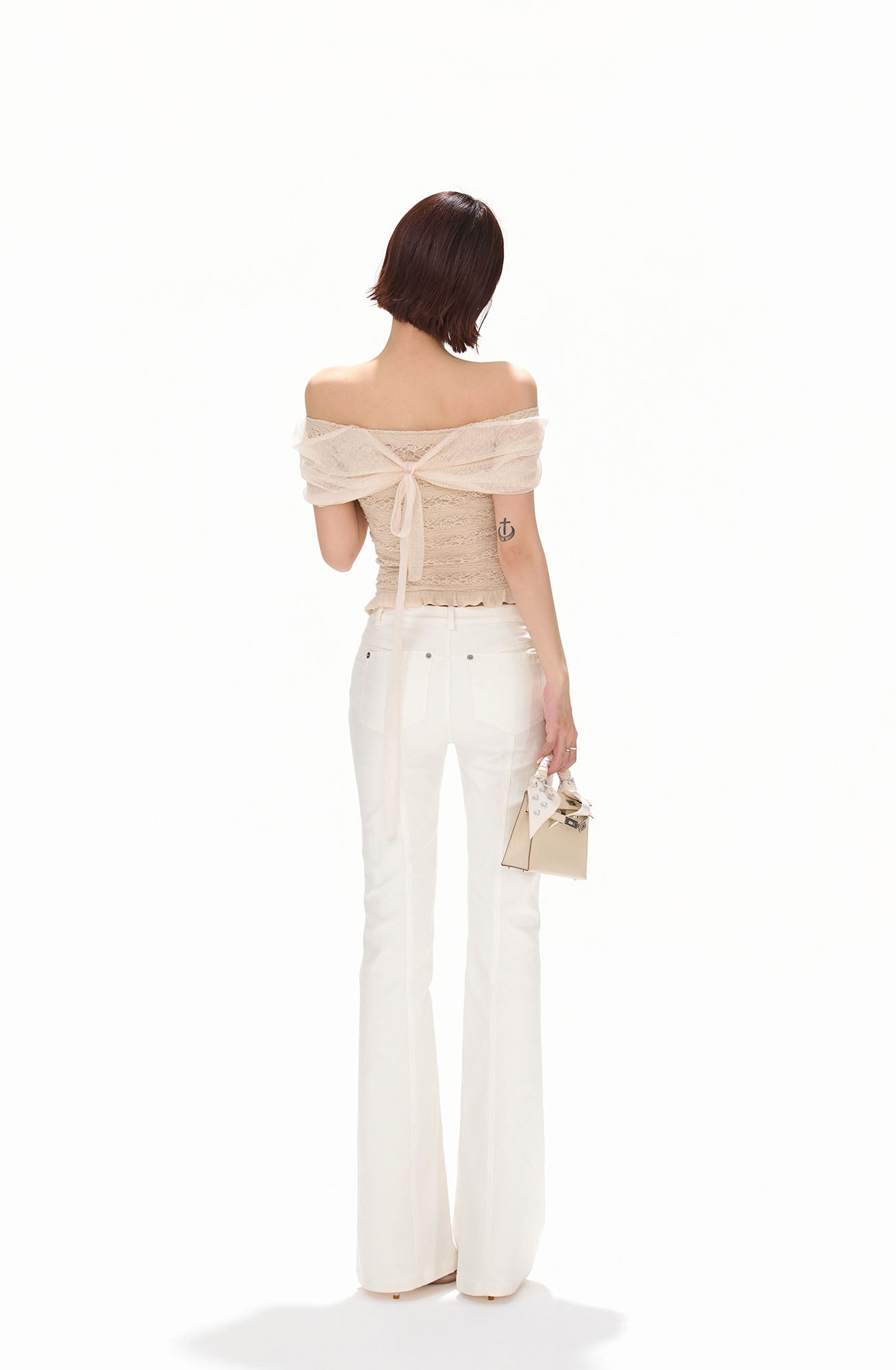 CYNR Sheer Draped Off-Shoulder Lace Top