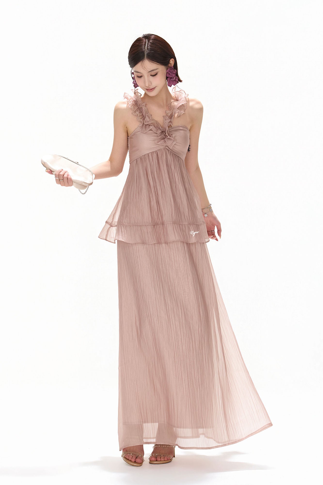CYNR Ruffle Trim Halter Maxi Skirt