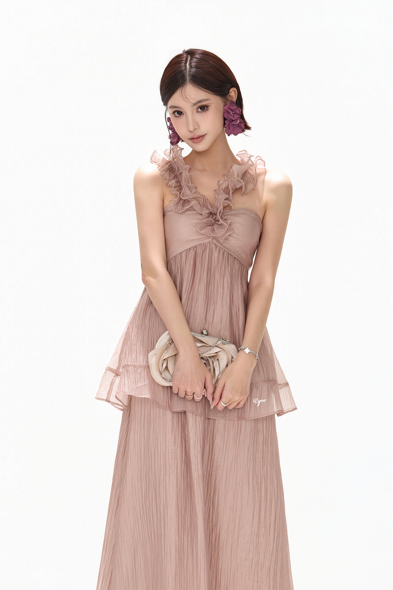 CYNR Ruffle Trim Halter Maxi Skirt