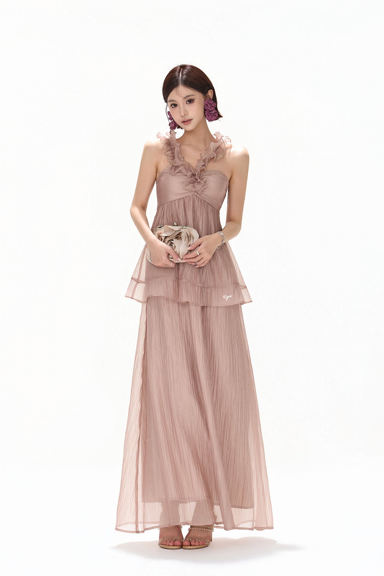 CYNR Ruffle Trim Halter Maxi Skirt