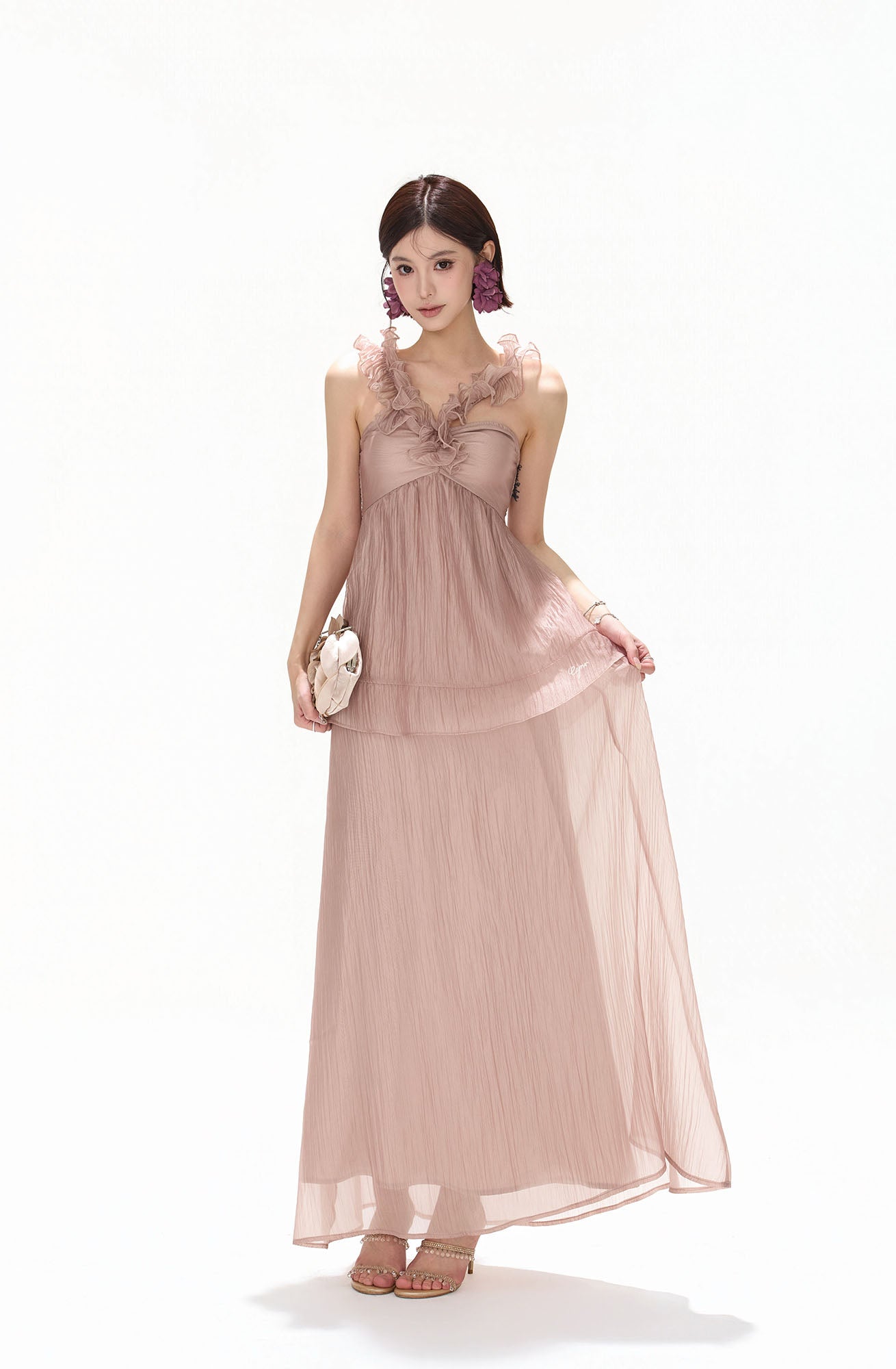 CYNR Ruffle Trim Halter Maxi Skirt