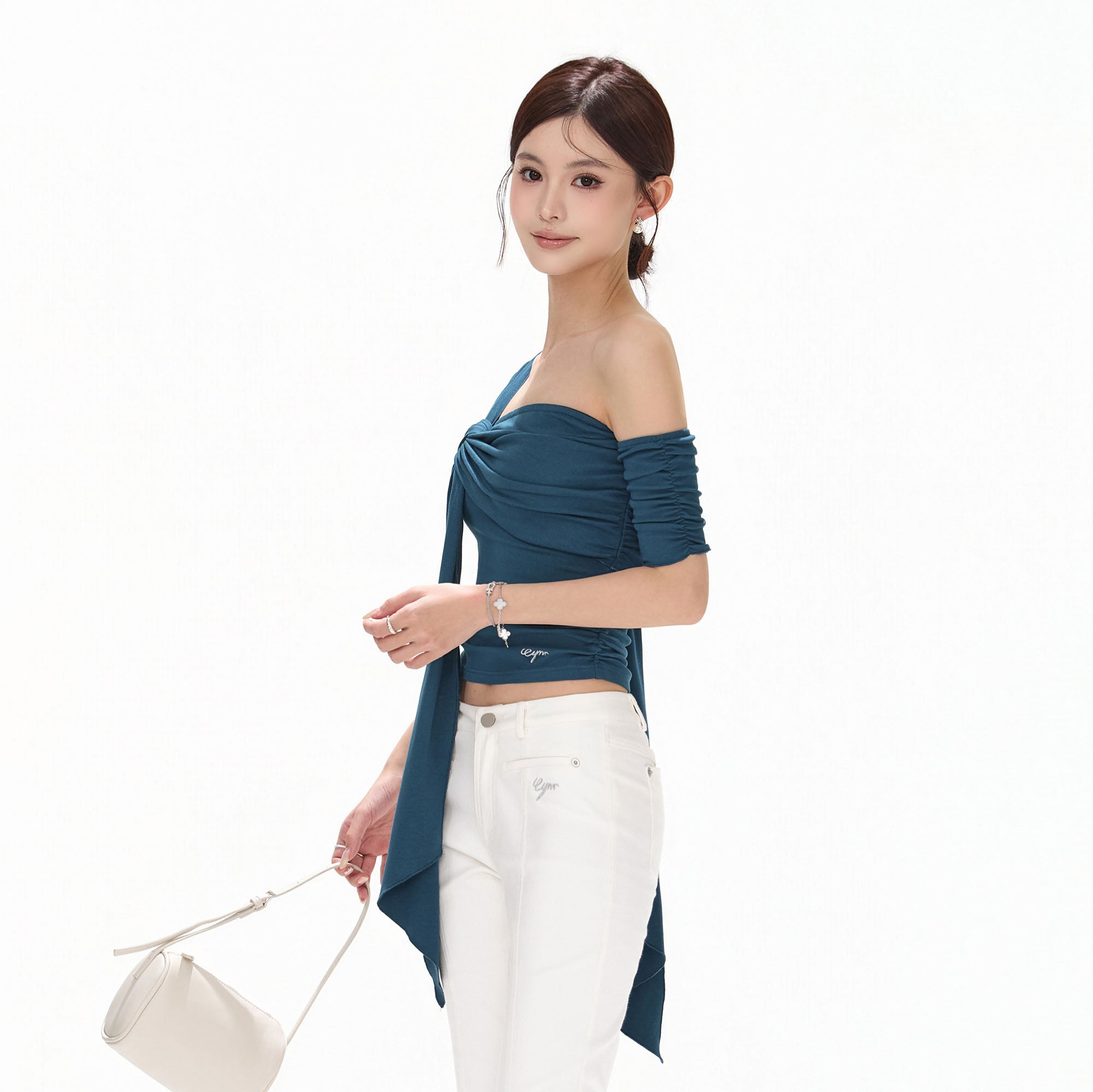 CYNR Twist-Drape Off-Shoulder Top Blue